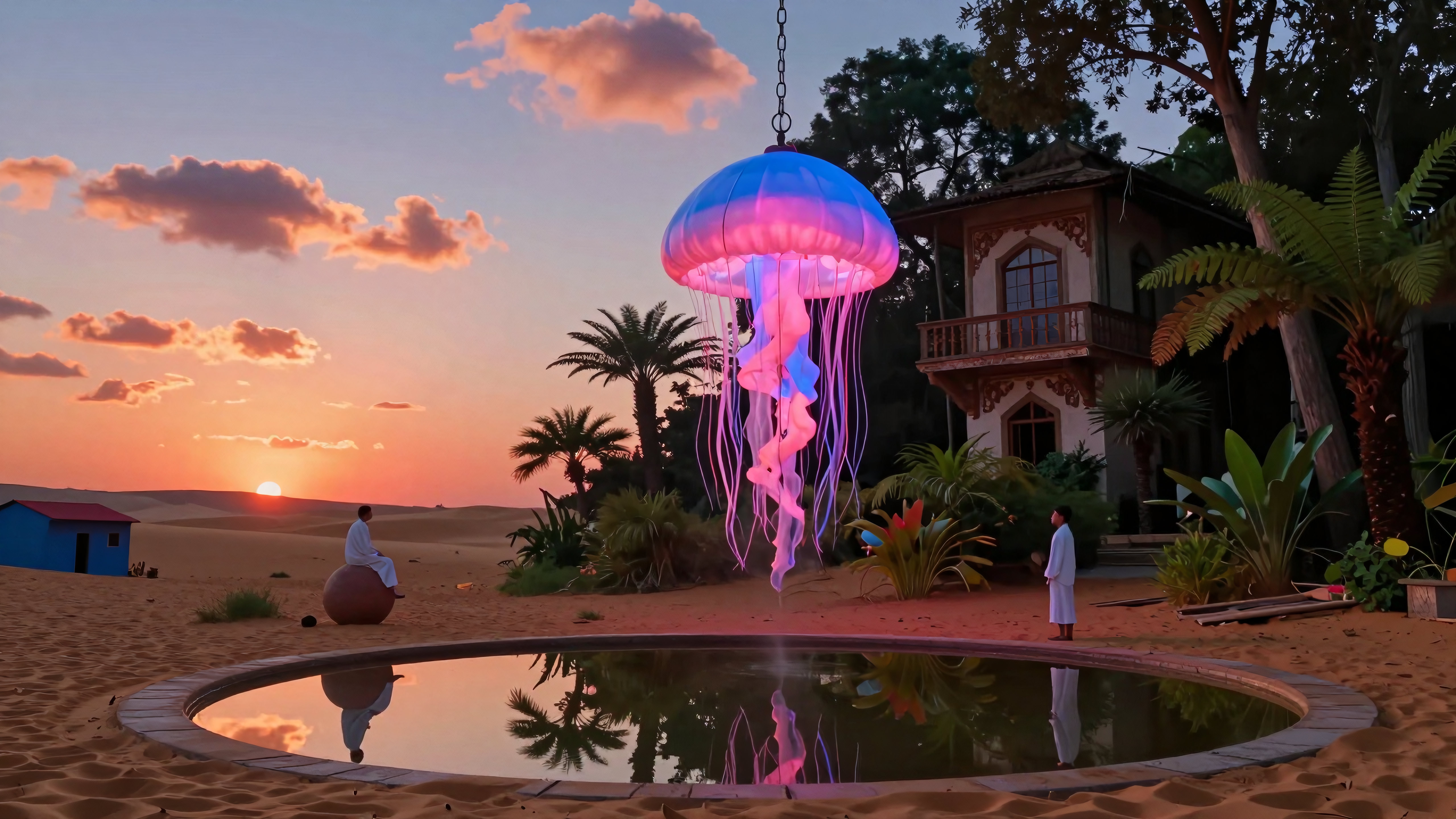 A surreal scene of a glowing jellyfish over a desert landscape at sunset.