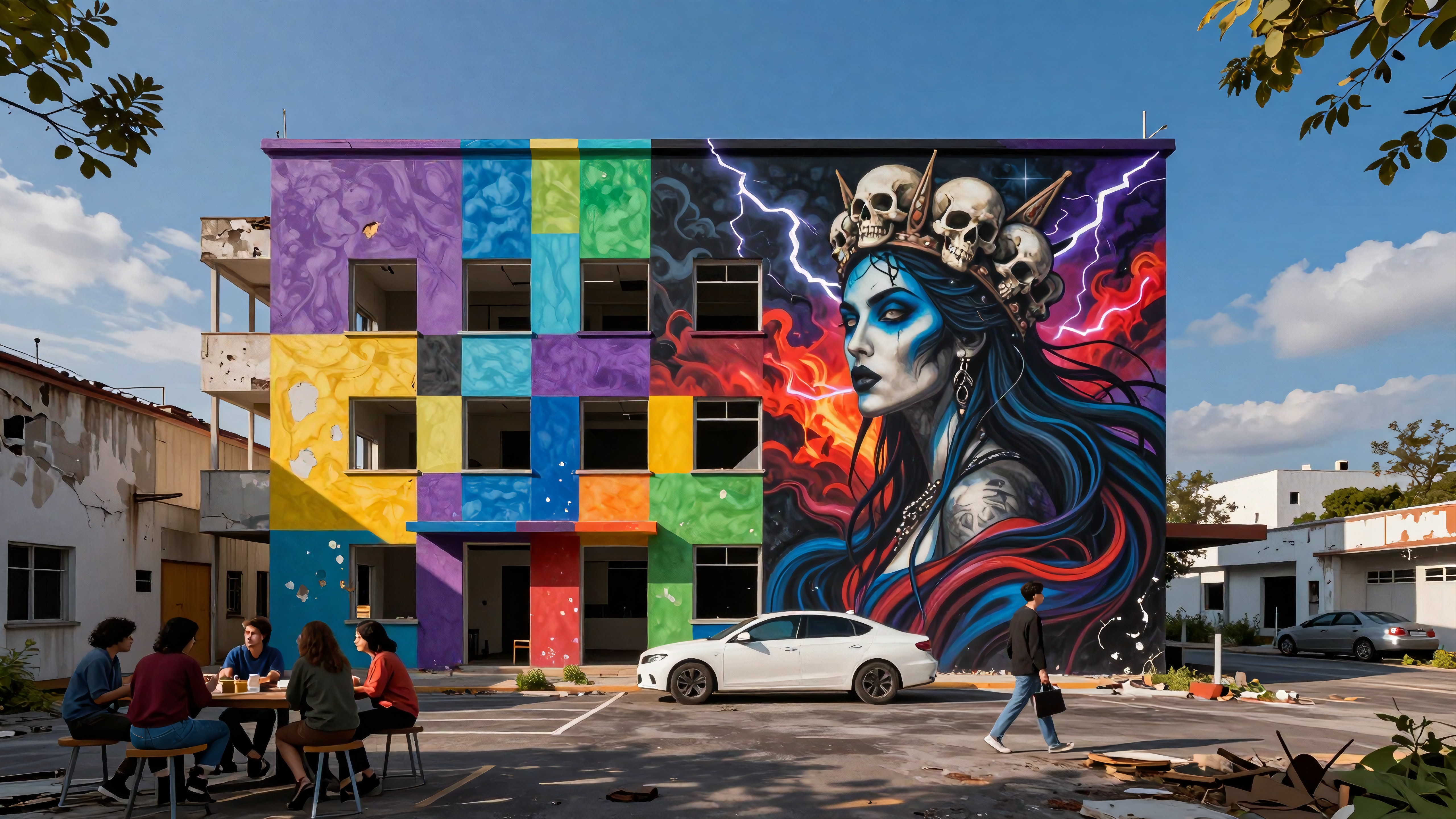A colorful building mural combines geometric patterns with an expressive portrait for a vibrant street art scene.