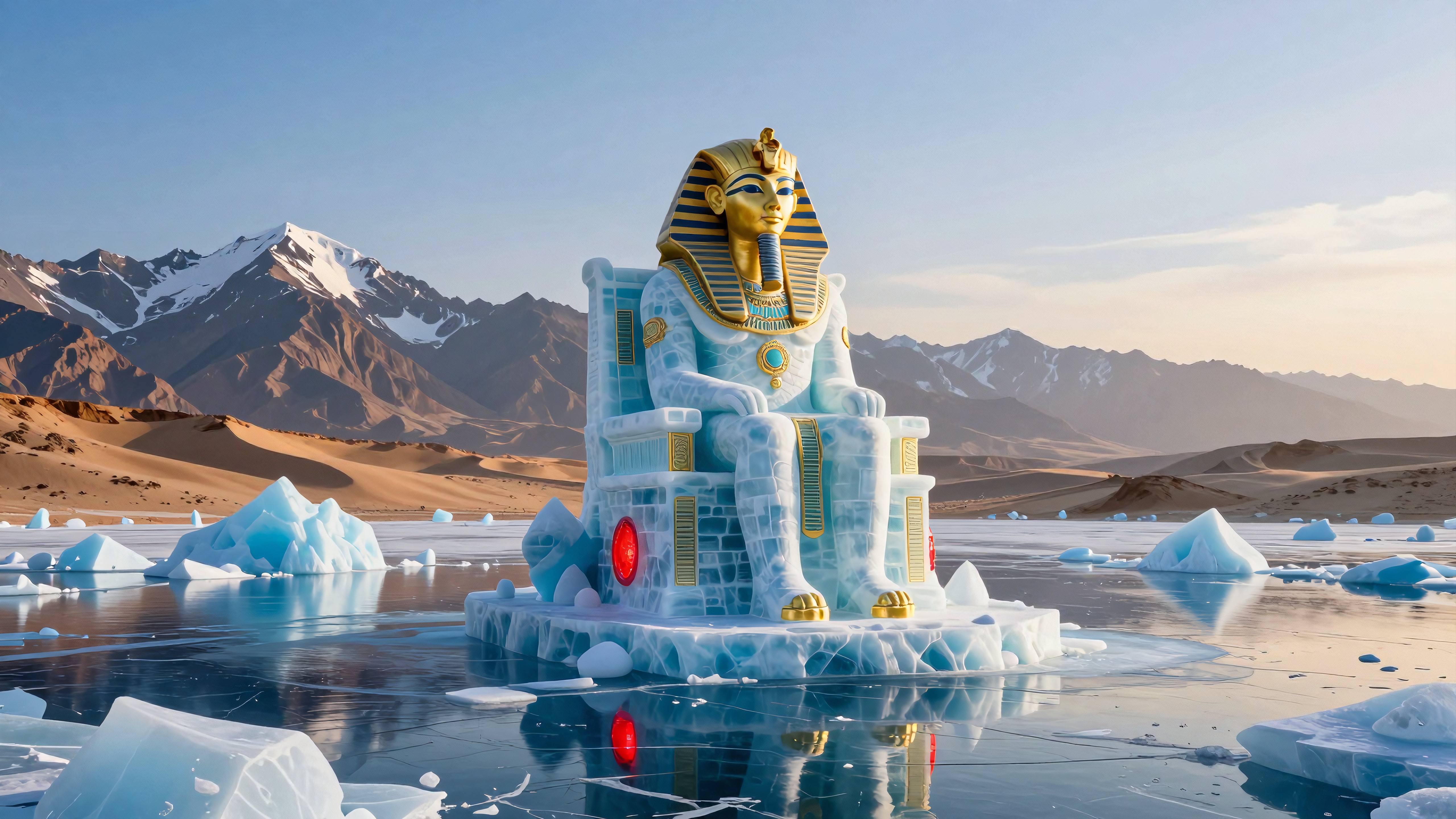 A colossal ice pharaoh sits on a frozen lake amidst dunes and mountains.