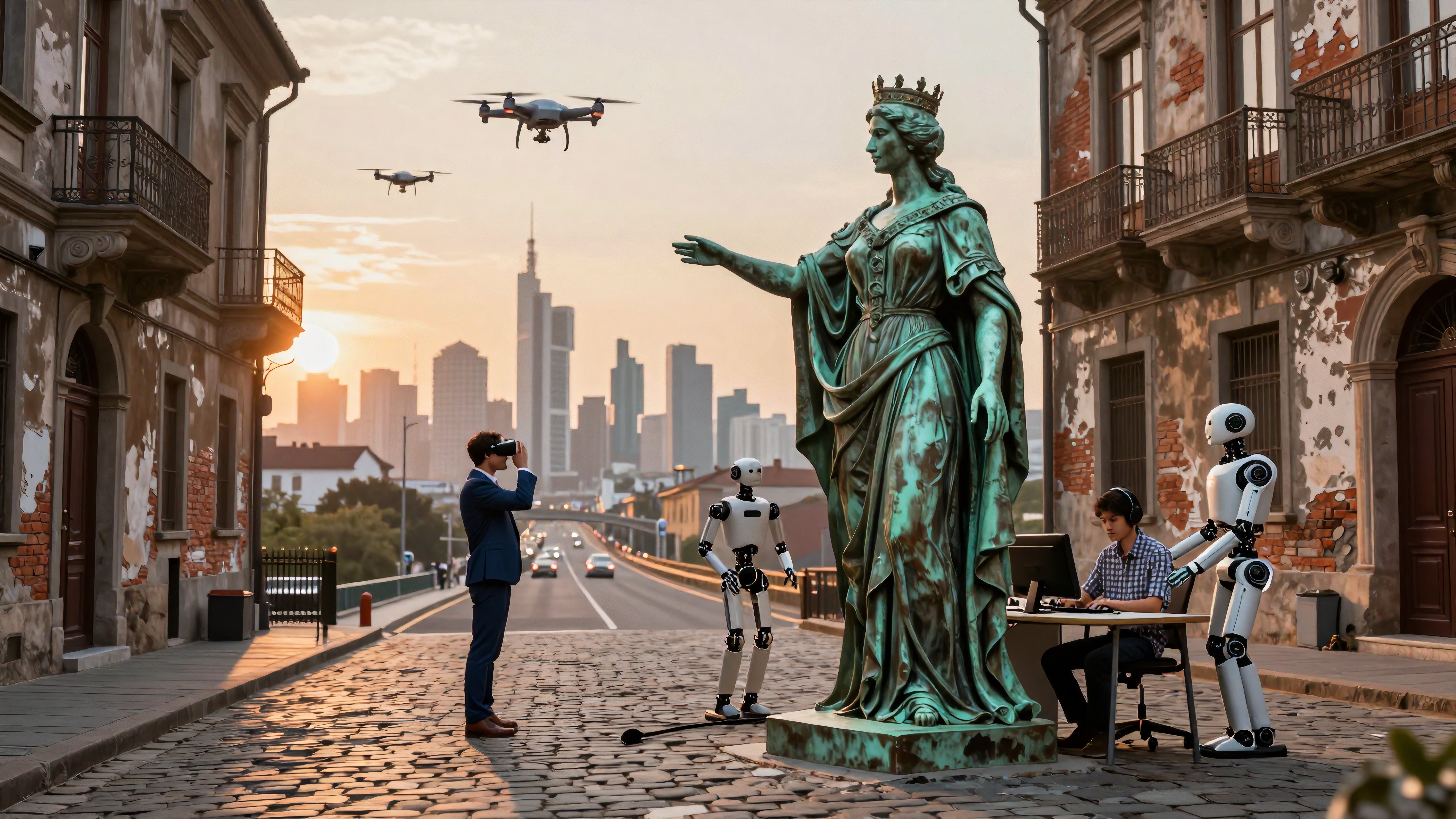 Futuristic city street with robots, statue, VR, and drones.