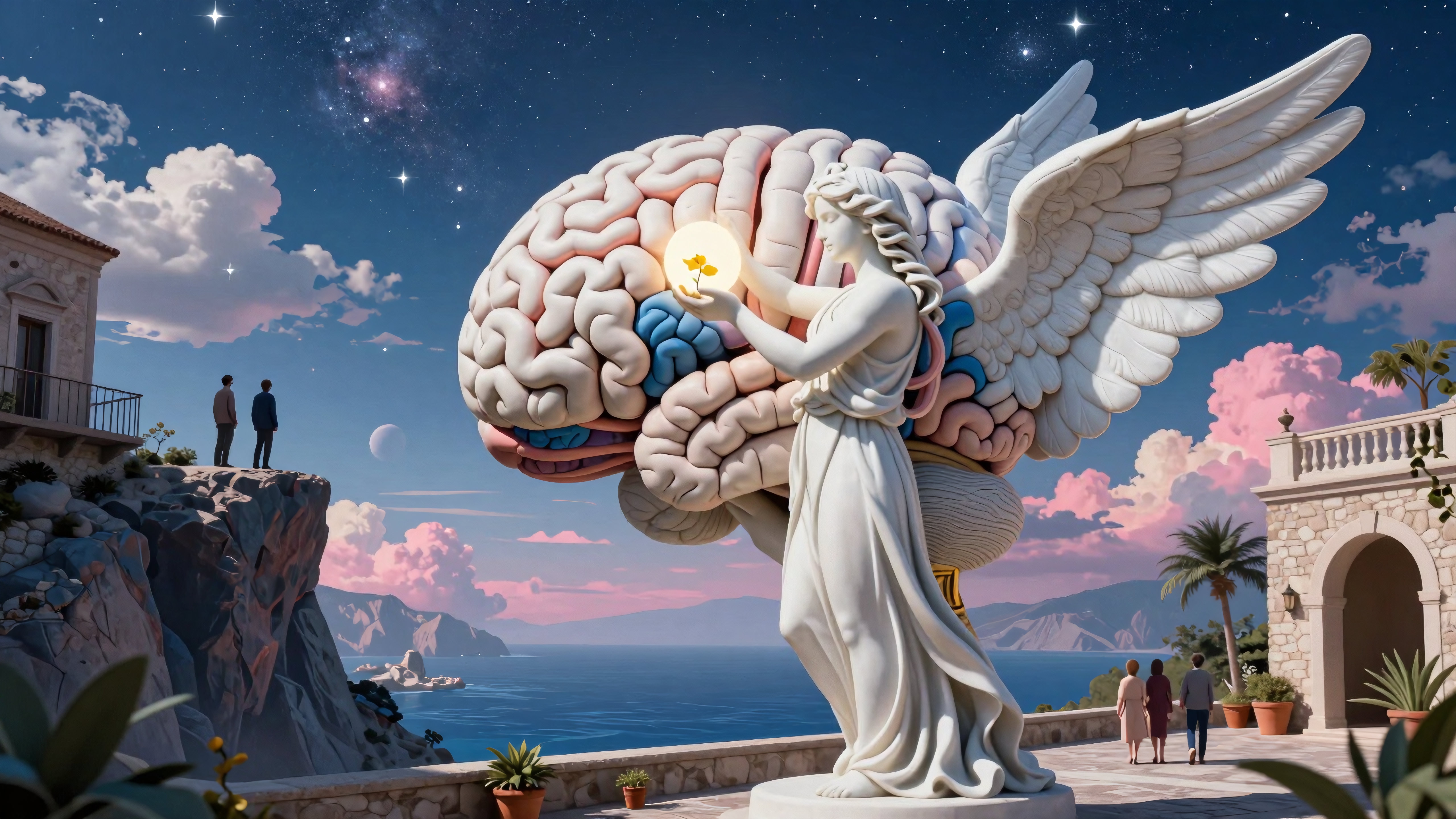 Angel statue with brain and glowing light under starry sky.