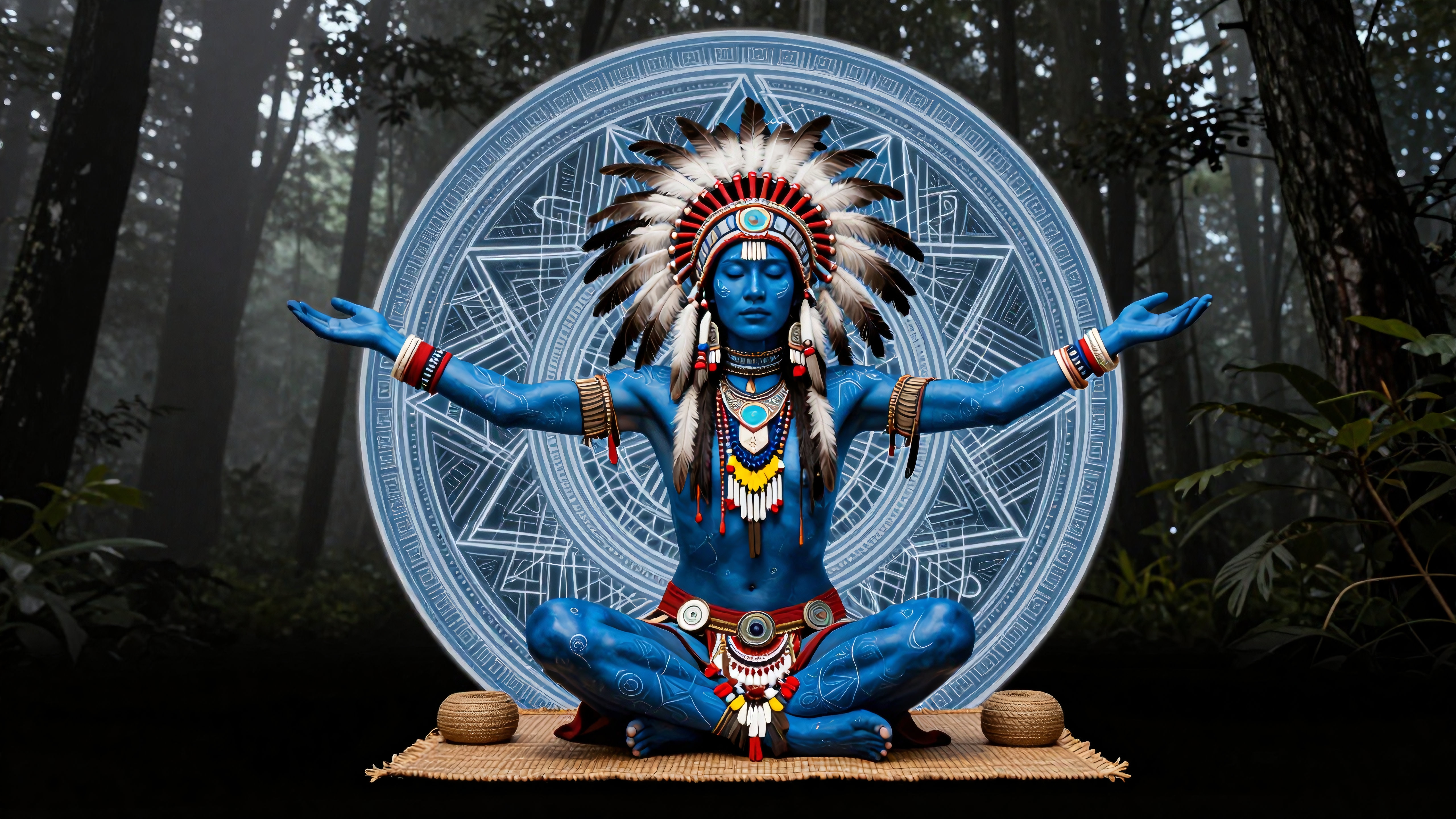 A blue-painted figure with a feathered headdress meditates in a serene forest, highlighted by a glowing circular pattern.