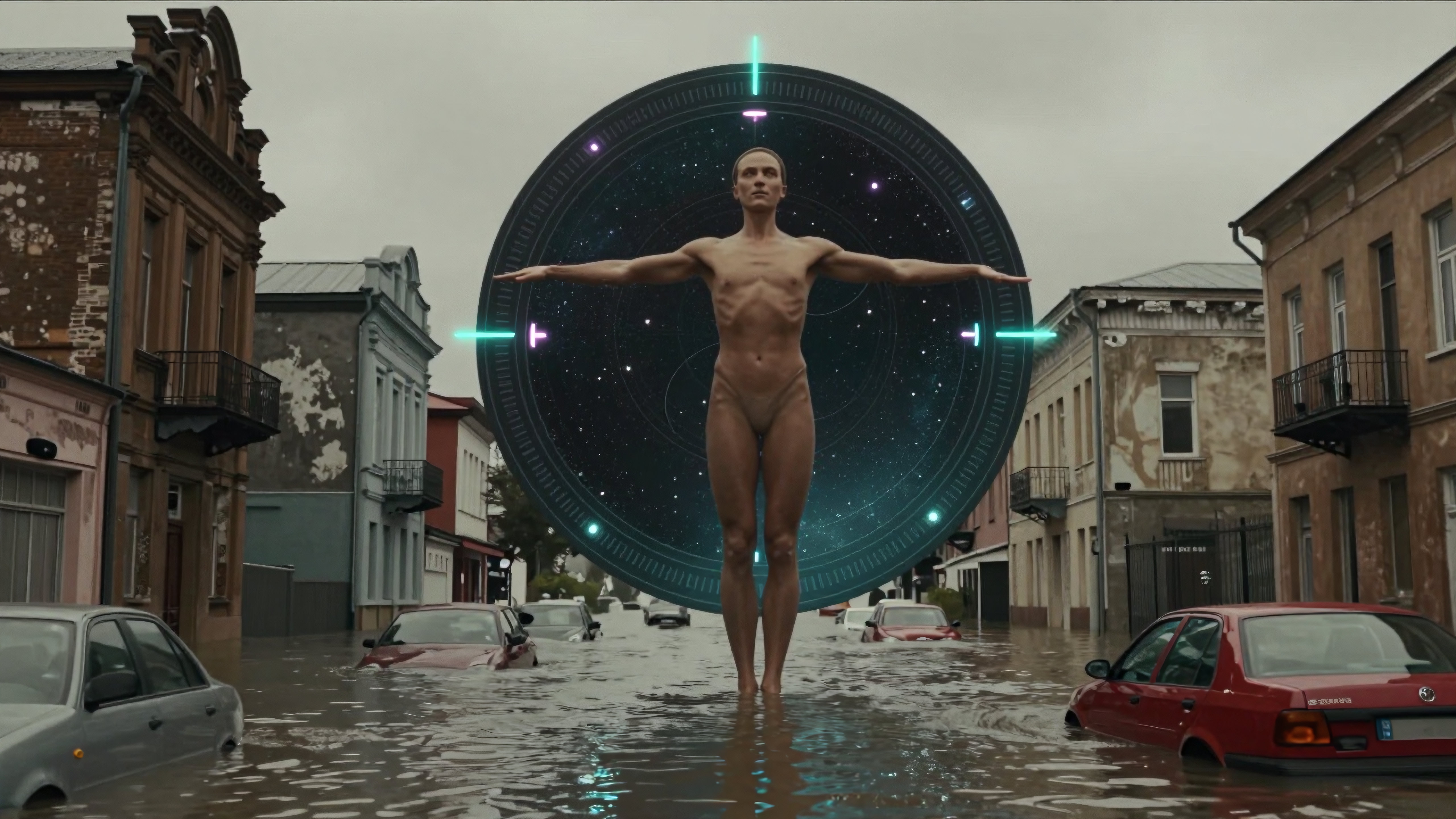 A futuristic figure stands in a flooded street, framed by a glowing portal with celestial patterns.
