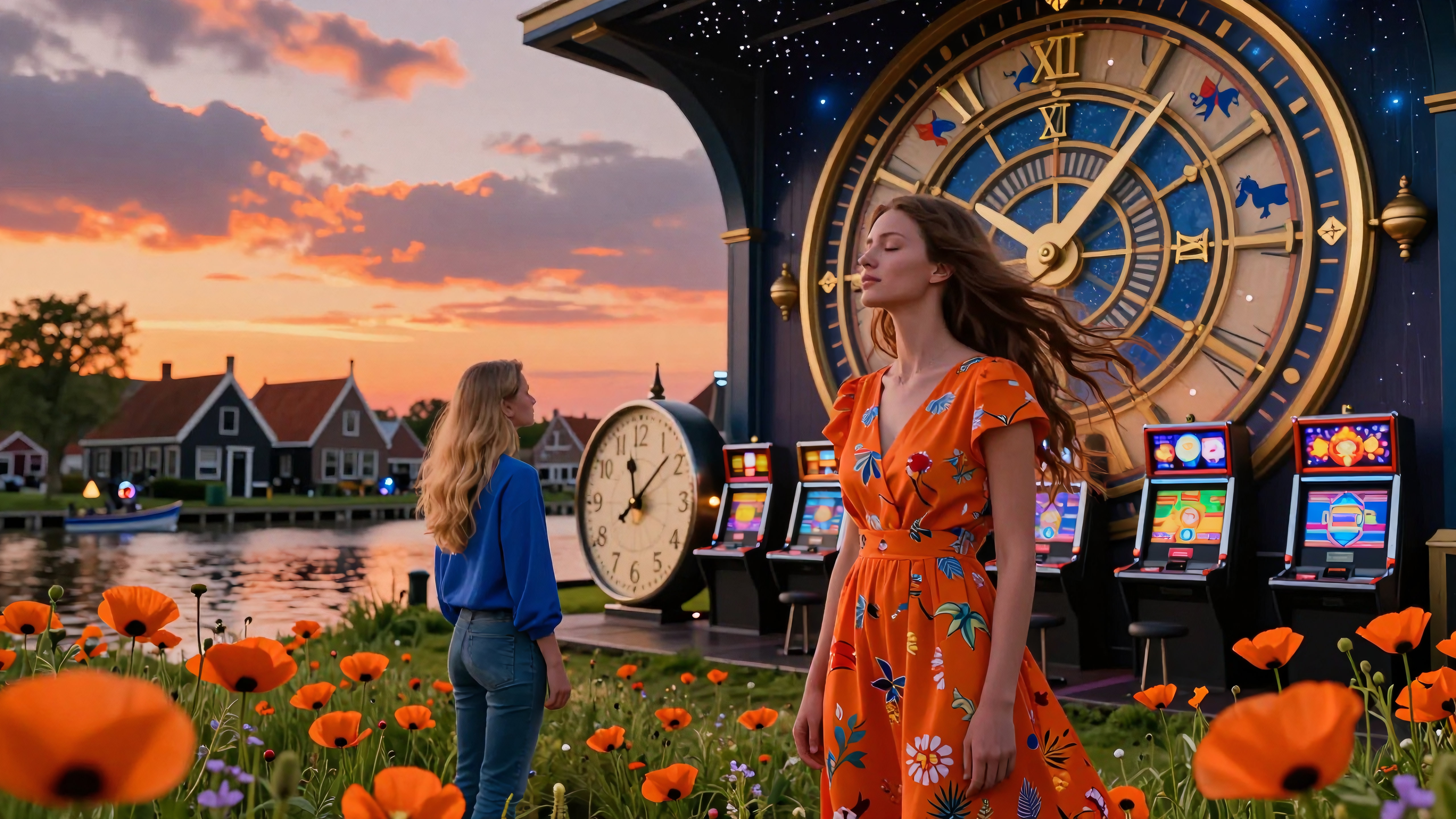 Two women in front of a giant clock tower, surrounded by vibrant poppies and slot machines, during a stunning sunset.