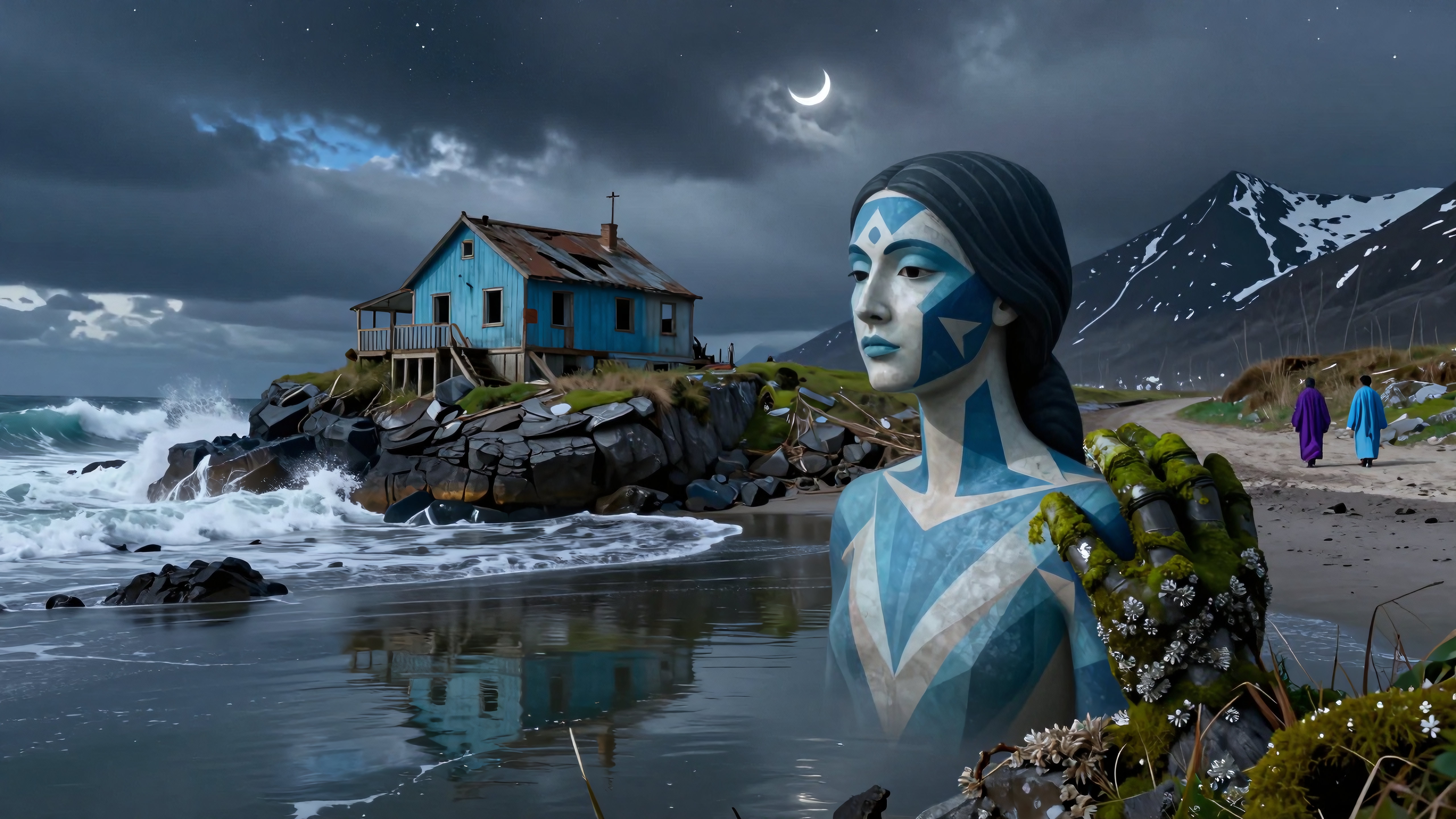 Surreal coastal scene with moonlit night and painted statue.