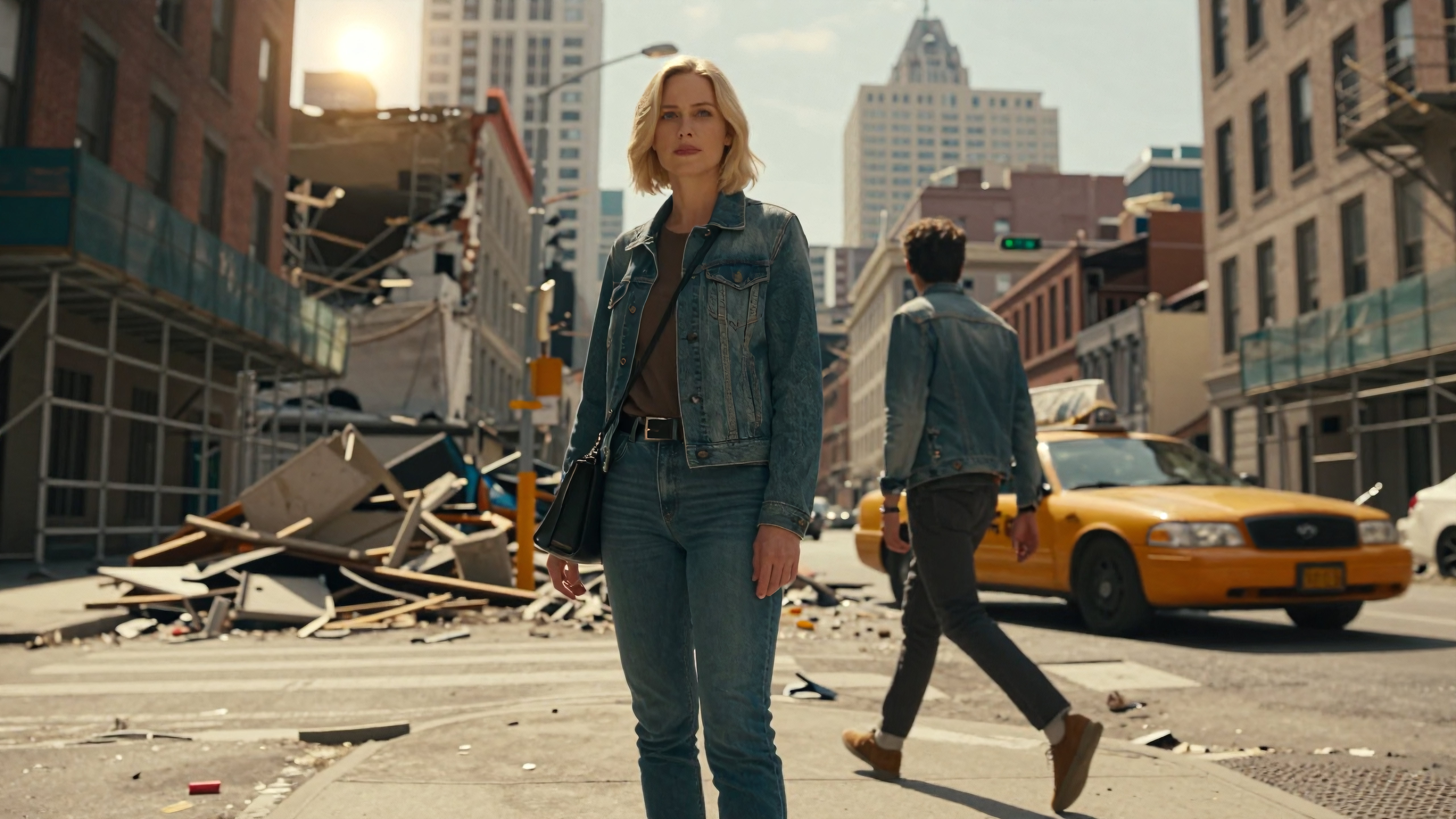 Confident blonde woman walking through ruined downtown street wearing denim jacket near yellow taxi