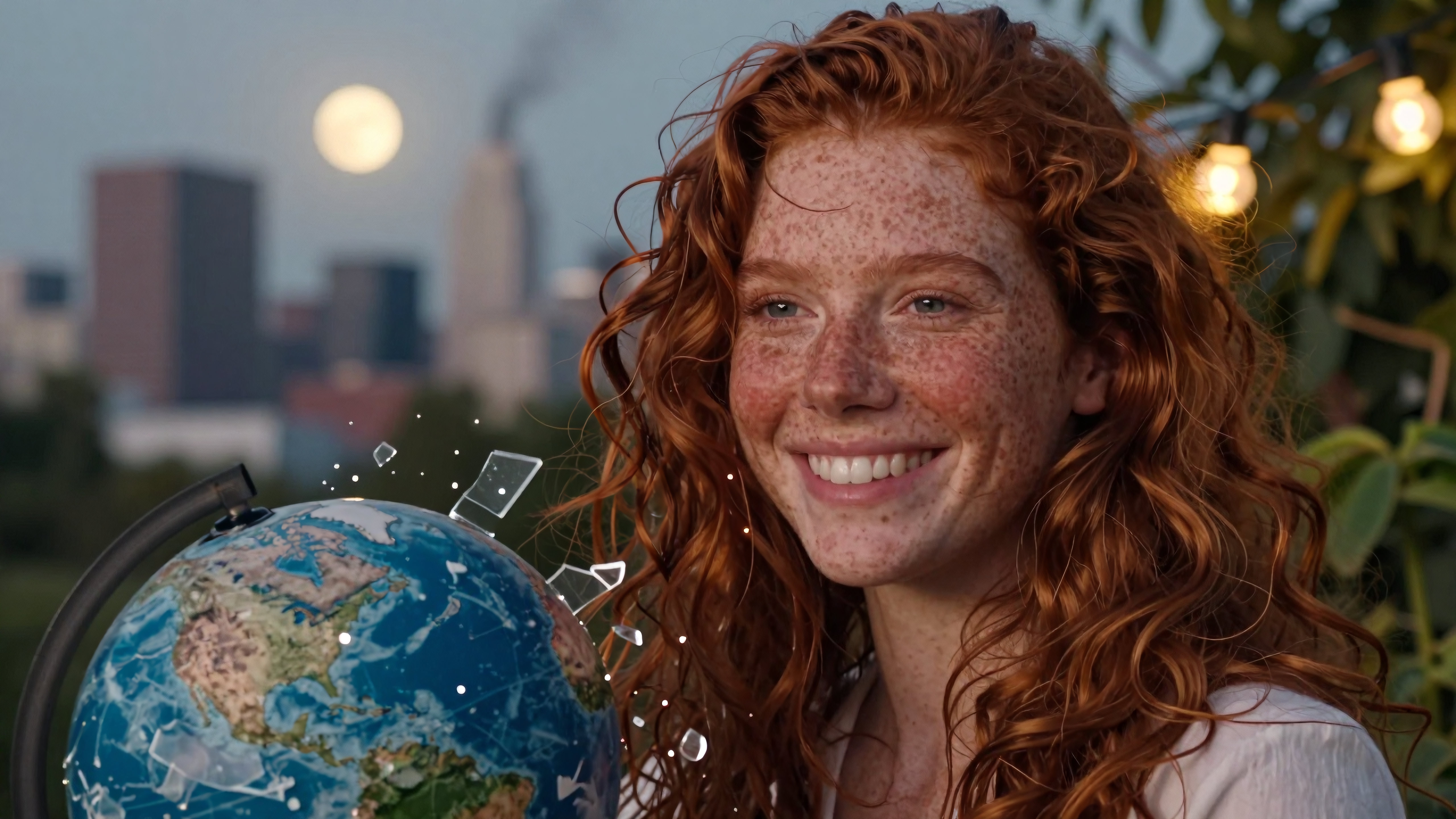 Smiling woman with globe amidst cityscape backdrop at sunset.