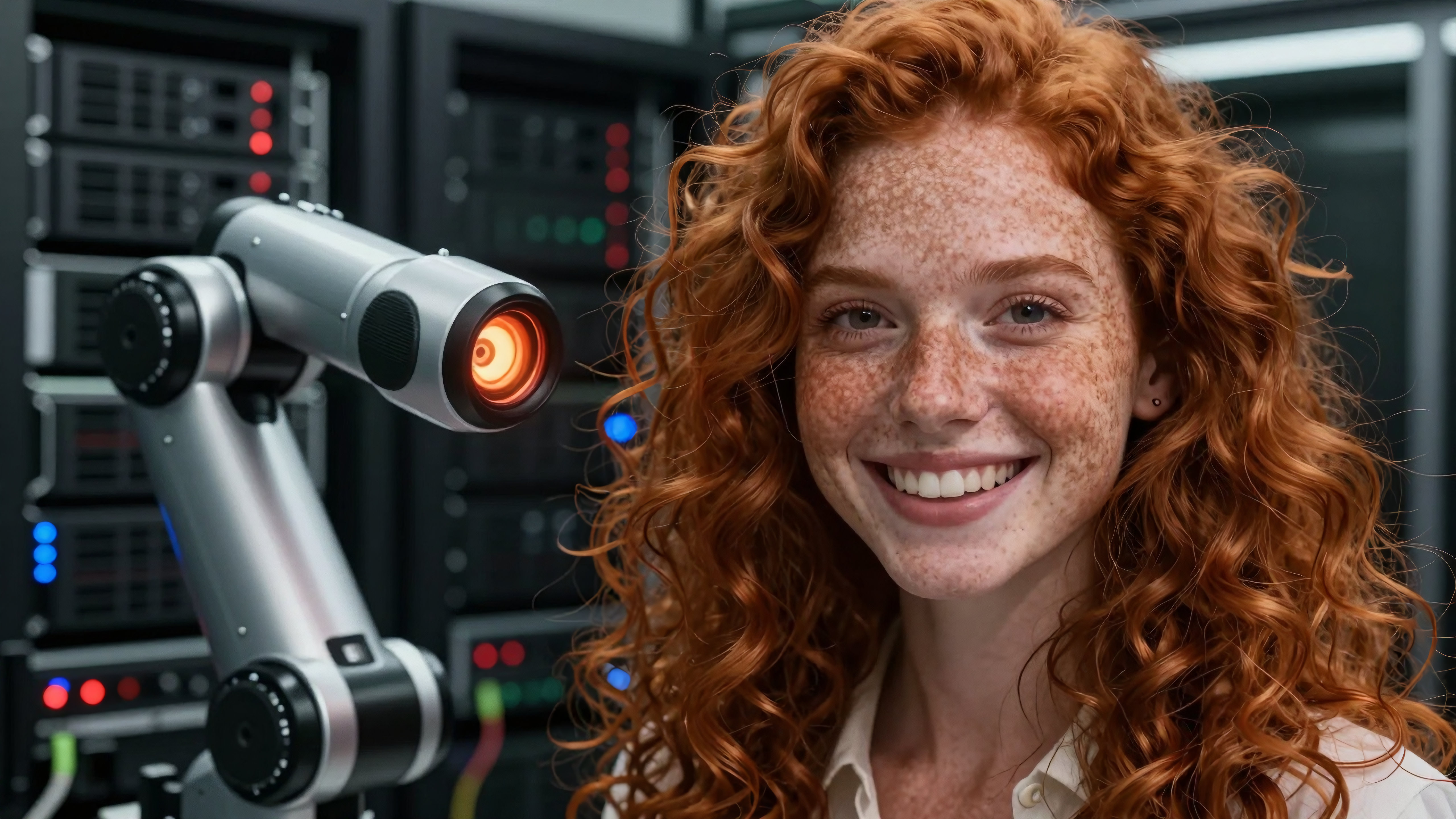 Smiling redhead woman working beside futuristic robotic arm in server room
