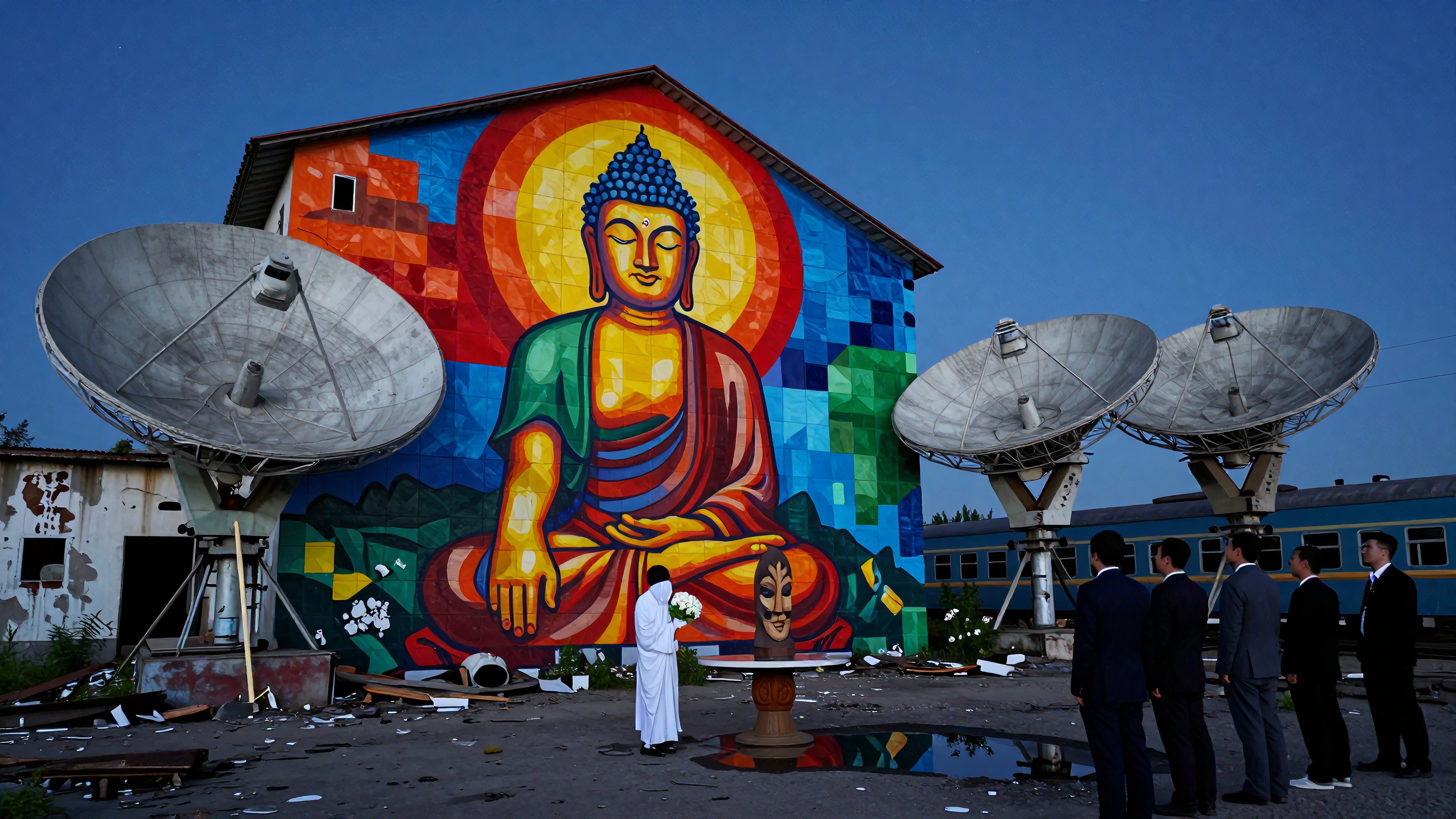 A vibrant Buddha mural alongside satellite dishes.