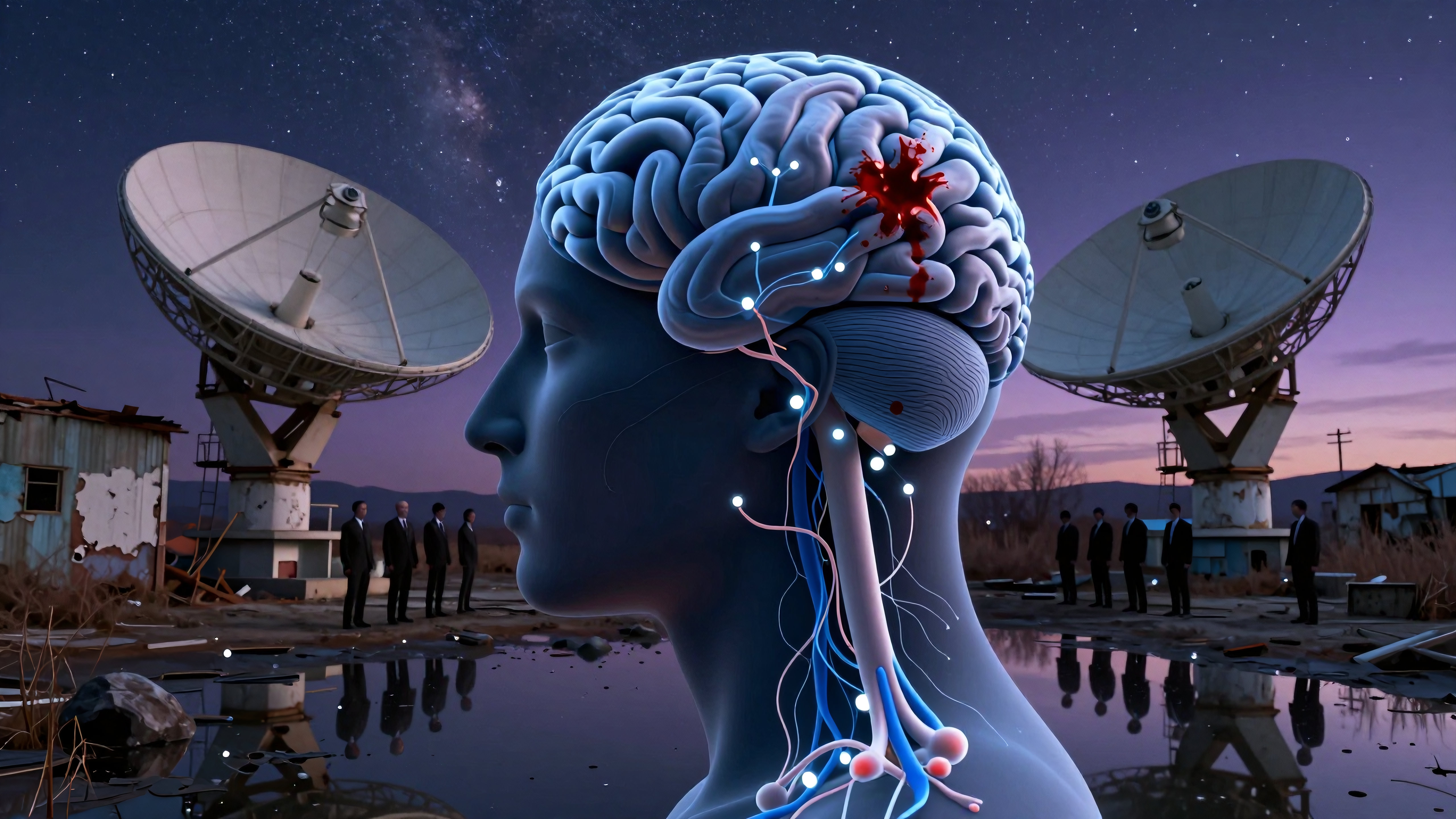 A digital view of an exposed brain with neural pathways against a starry sky and satellite dishes.