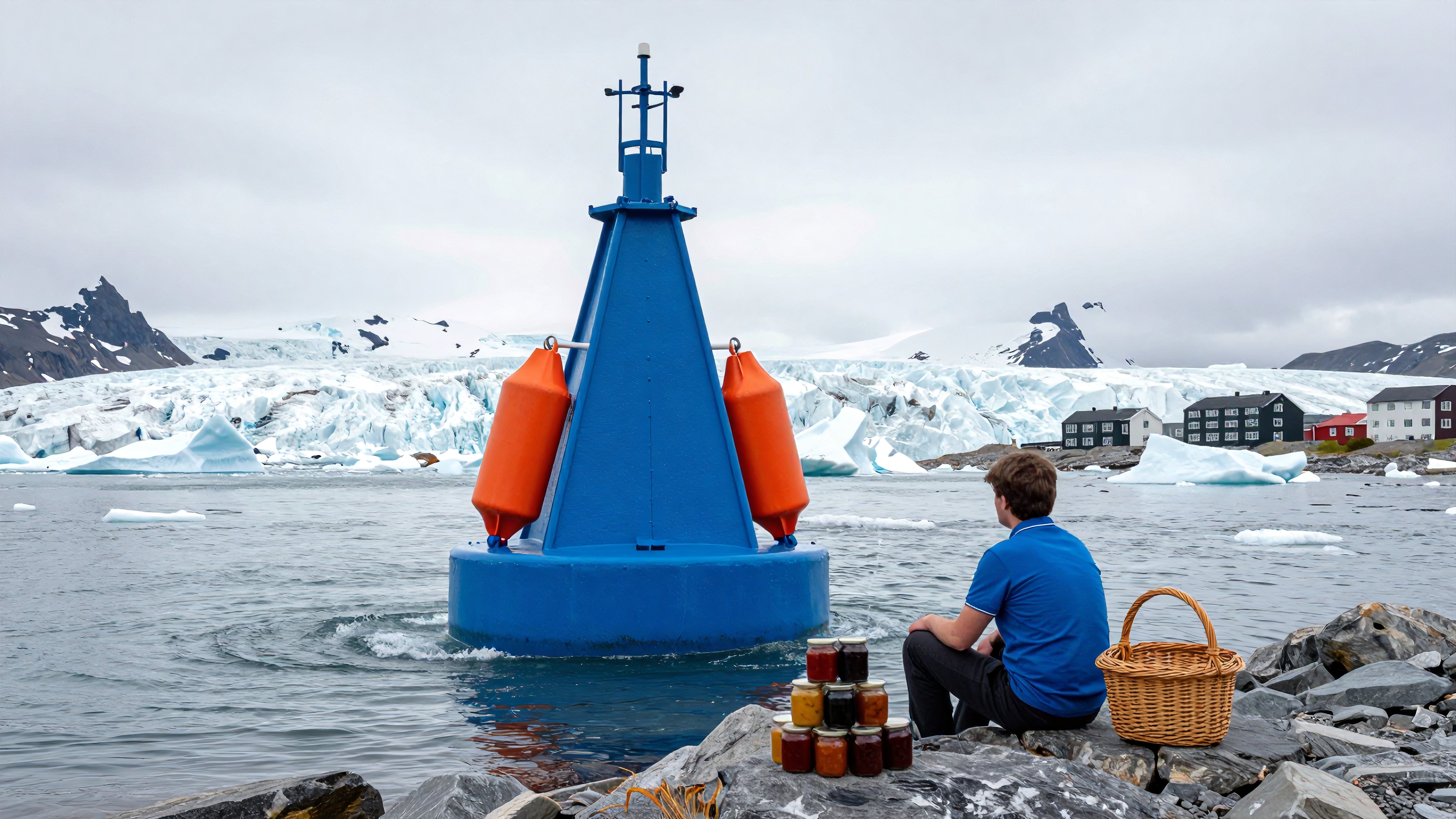 A man in blue sits by a glacier with a buoy in an Arctic landscape.