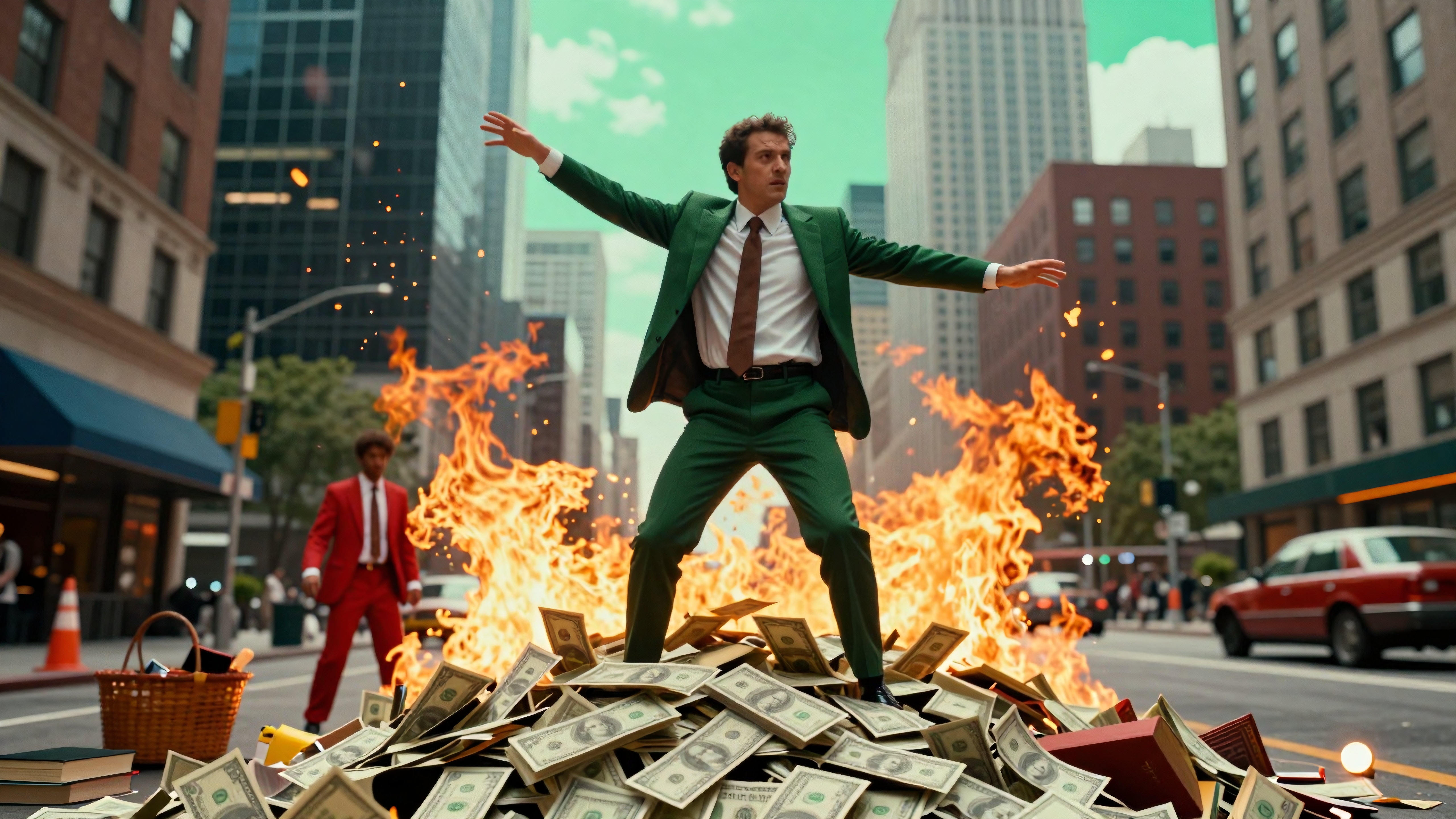 Man atop burning money pile.