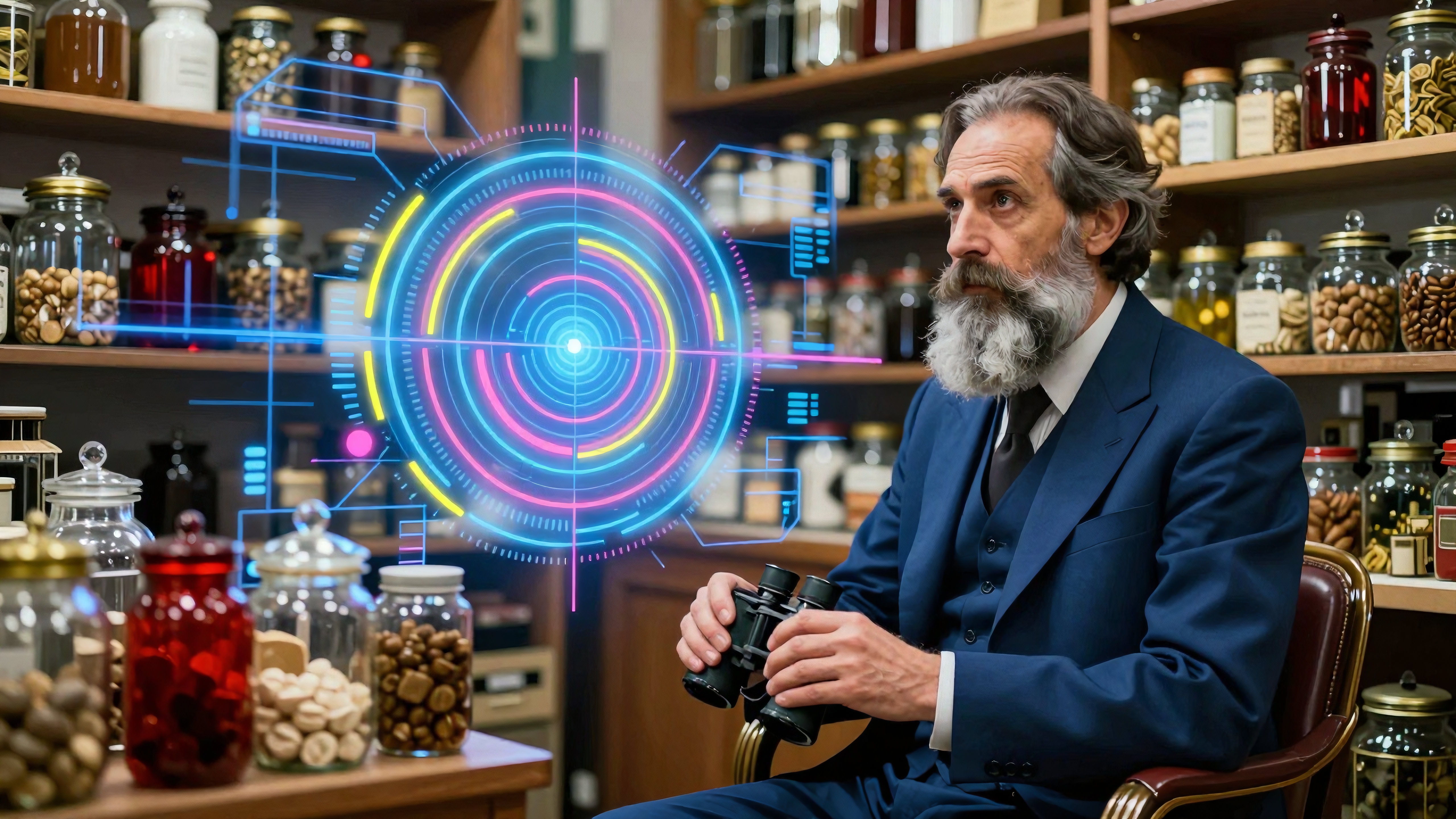 A man in a suit with binoculars in an apothecary setting, featuring a holographic display of colorful concentric circles.