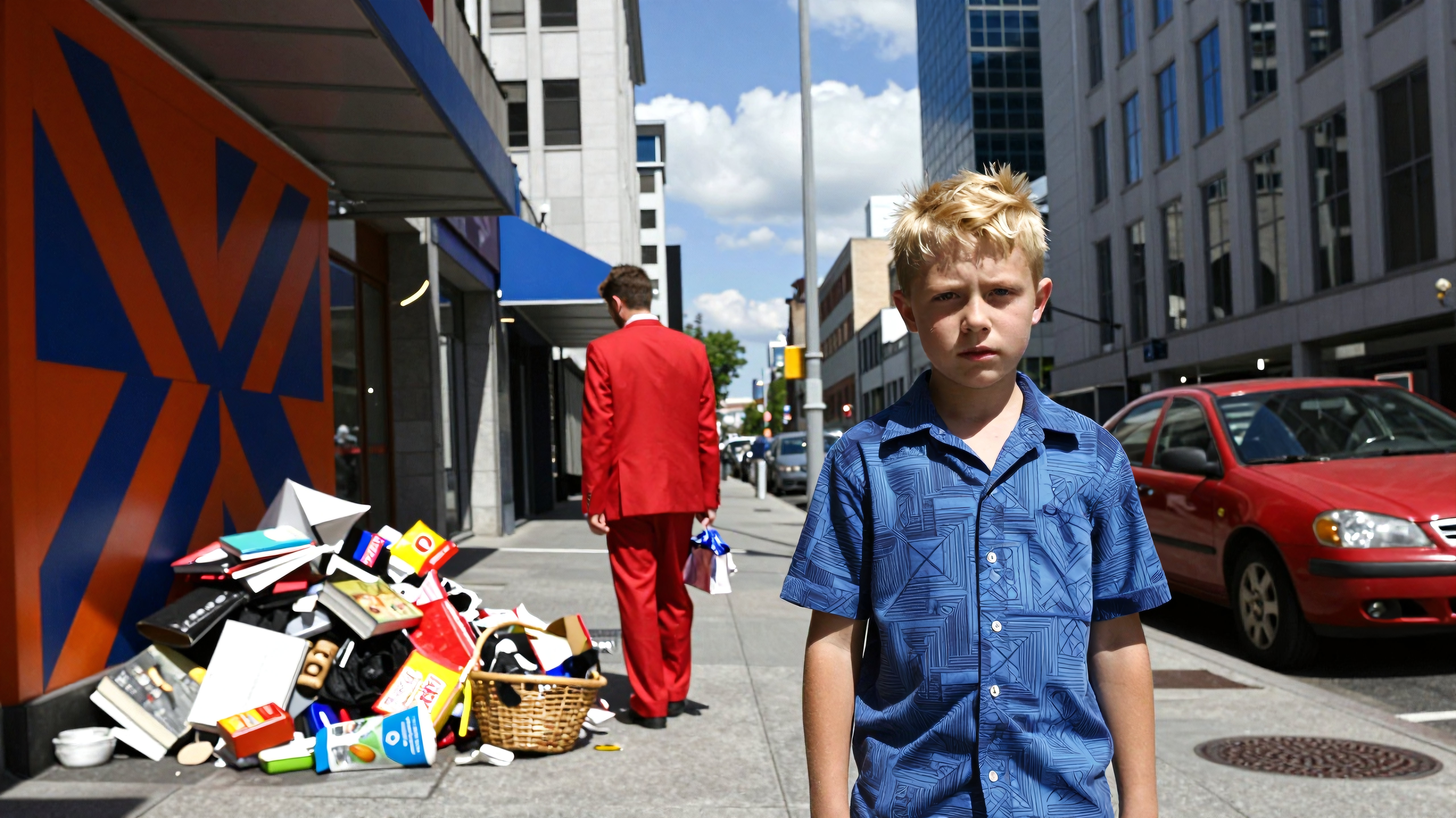 A young boy stands on a city sidewalk with piles of books and a man in a red suit.
