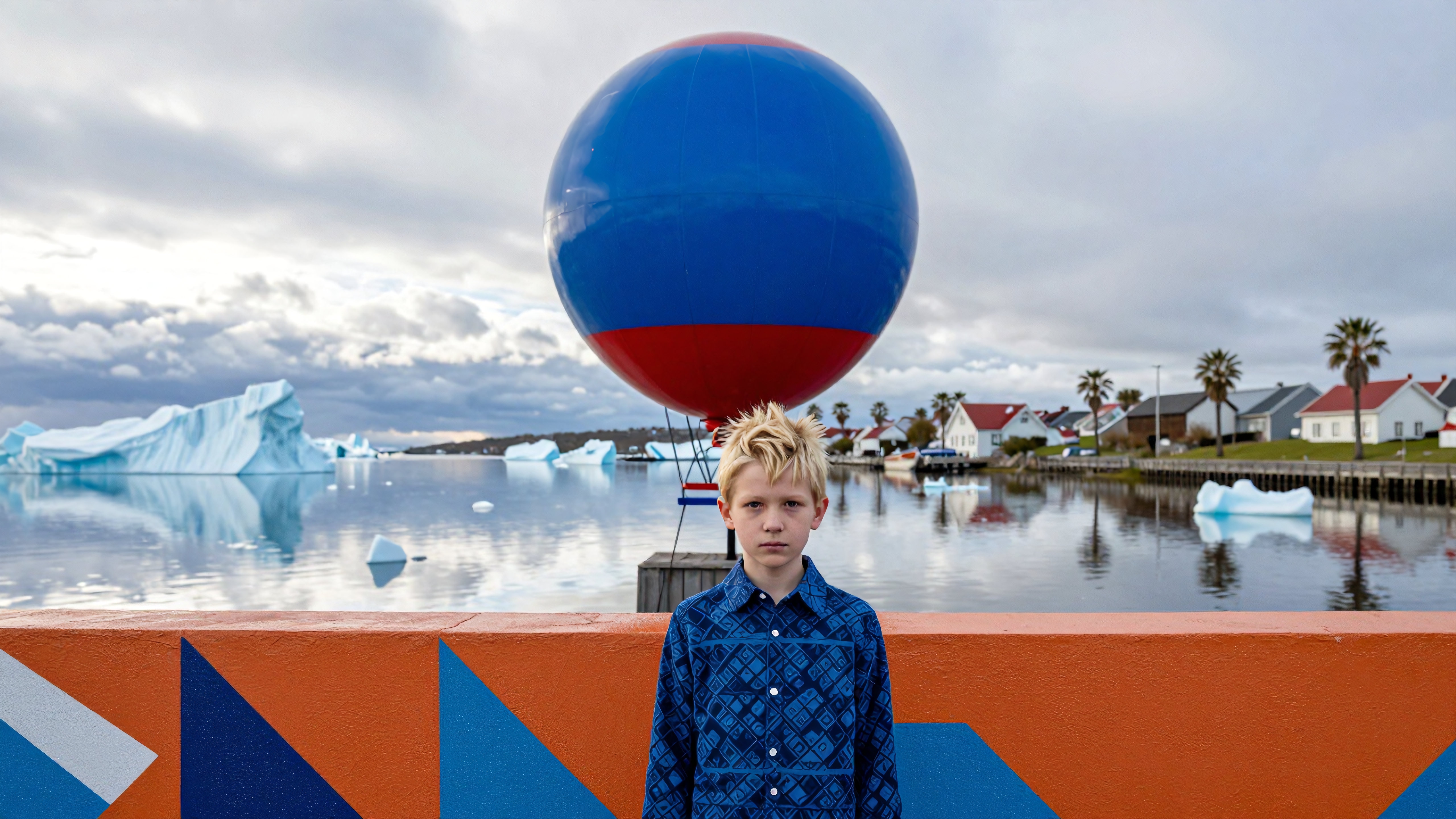 A young boy stands in front of a colorful wall with a large balloon and icebergs in the background.