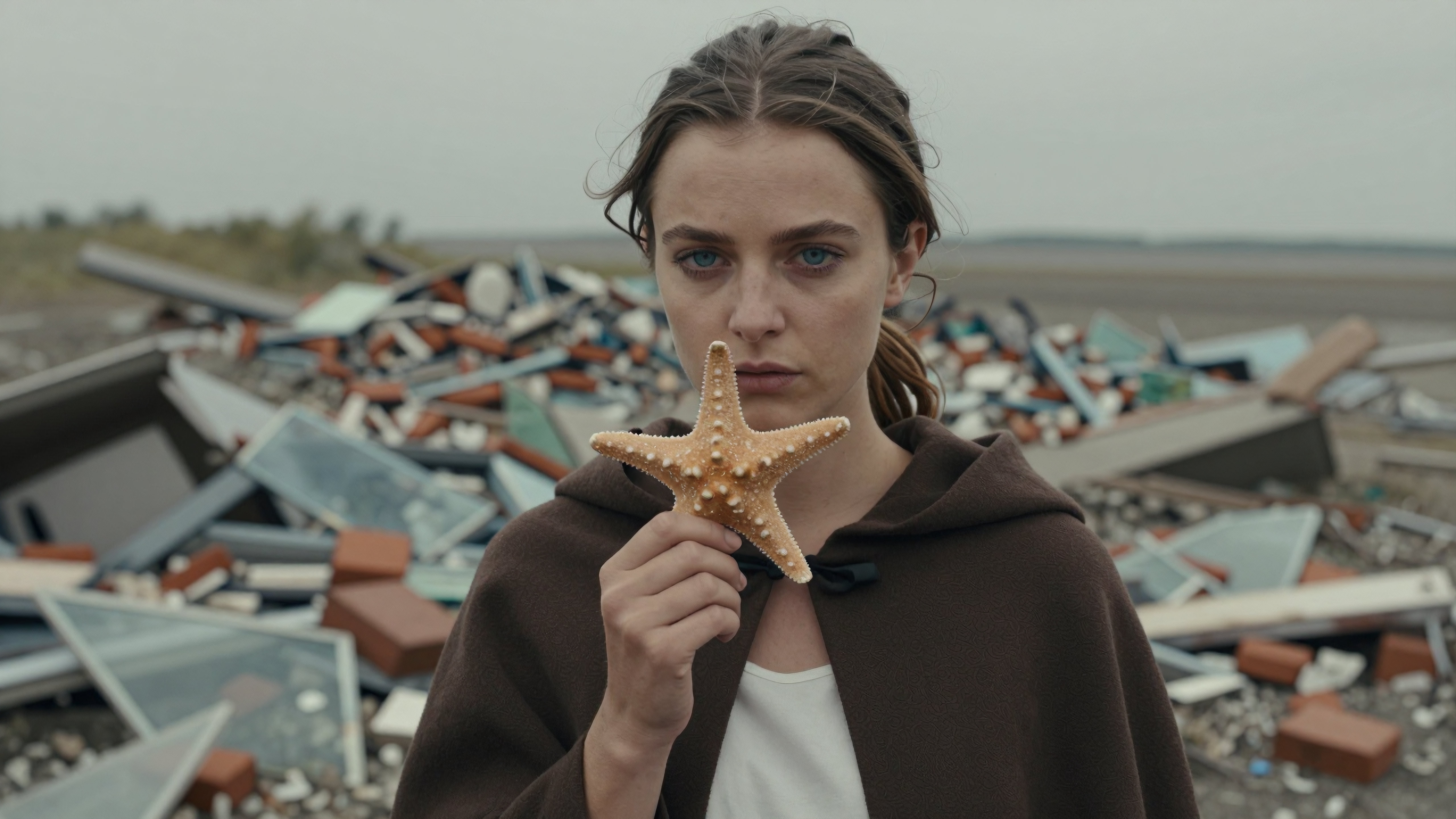 A woman holds a starfish amid debris, reflecting on environmental impact.