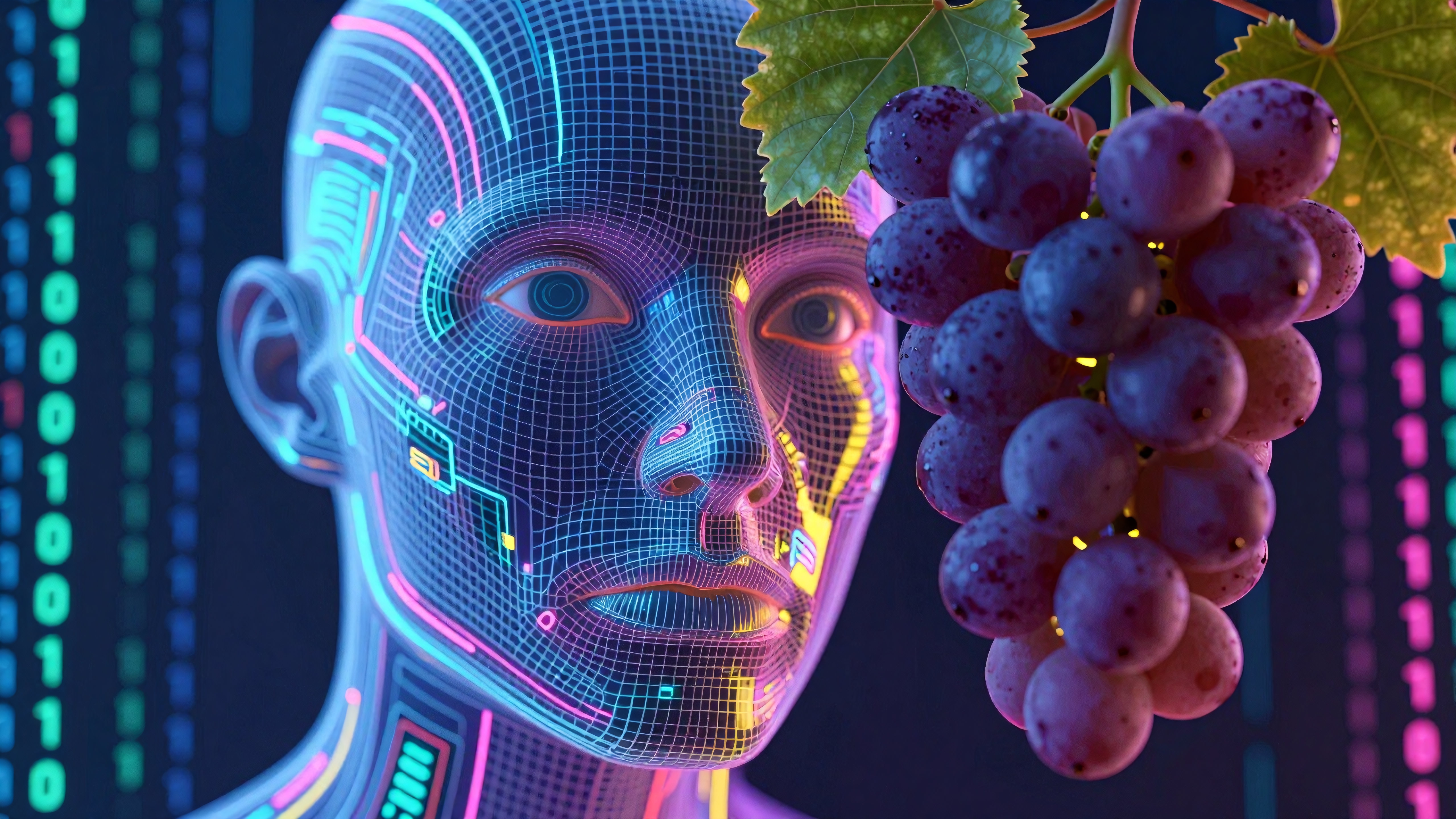 A digital humanoid face with neon circuits and bunch of grapes, blending technology and nature.