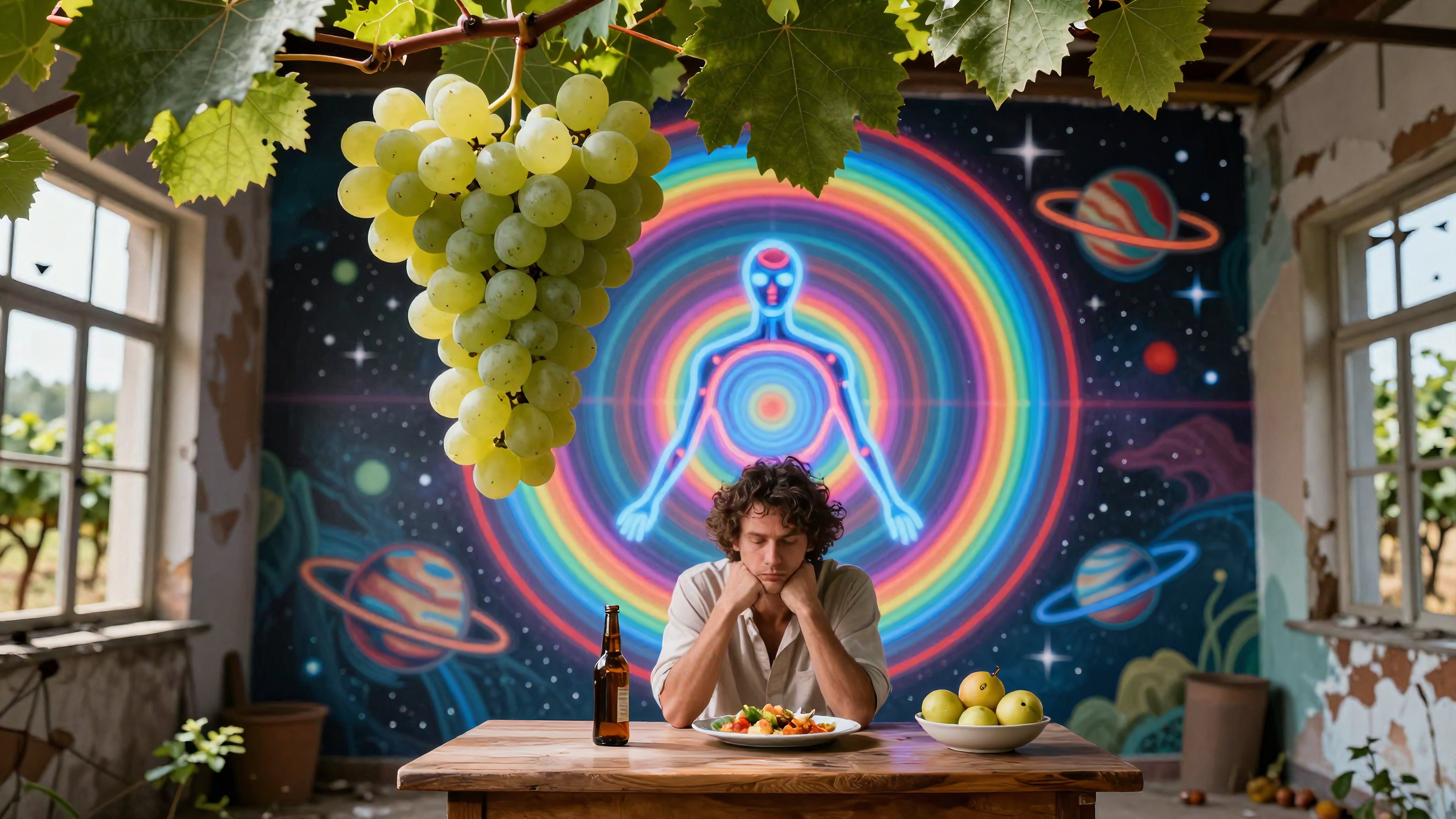 A man seated at a table under hanging grapes, against a cosmic mural backdrop.