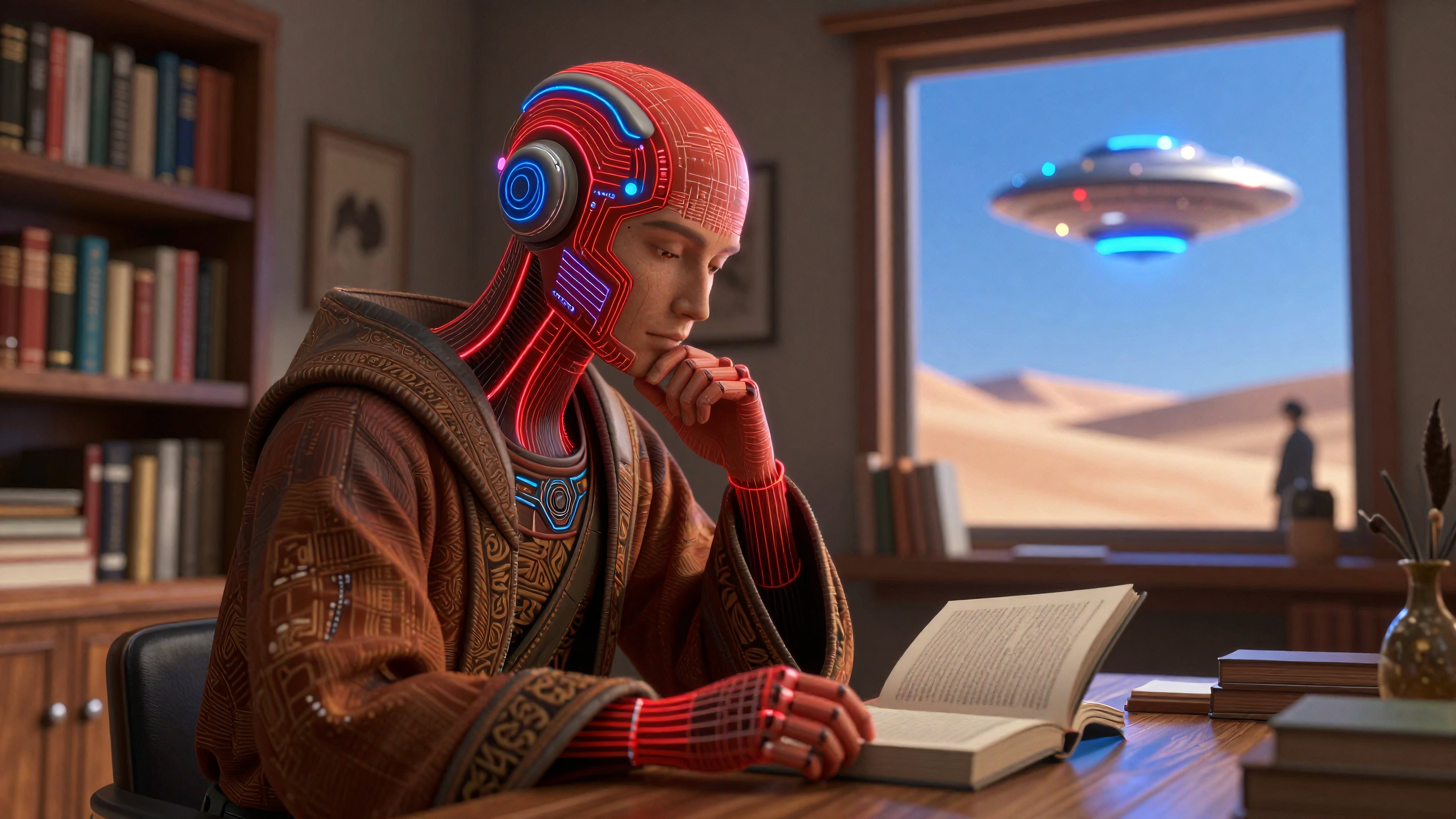 Humanoid robot reading book with UFO outside window in study room.