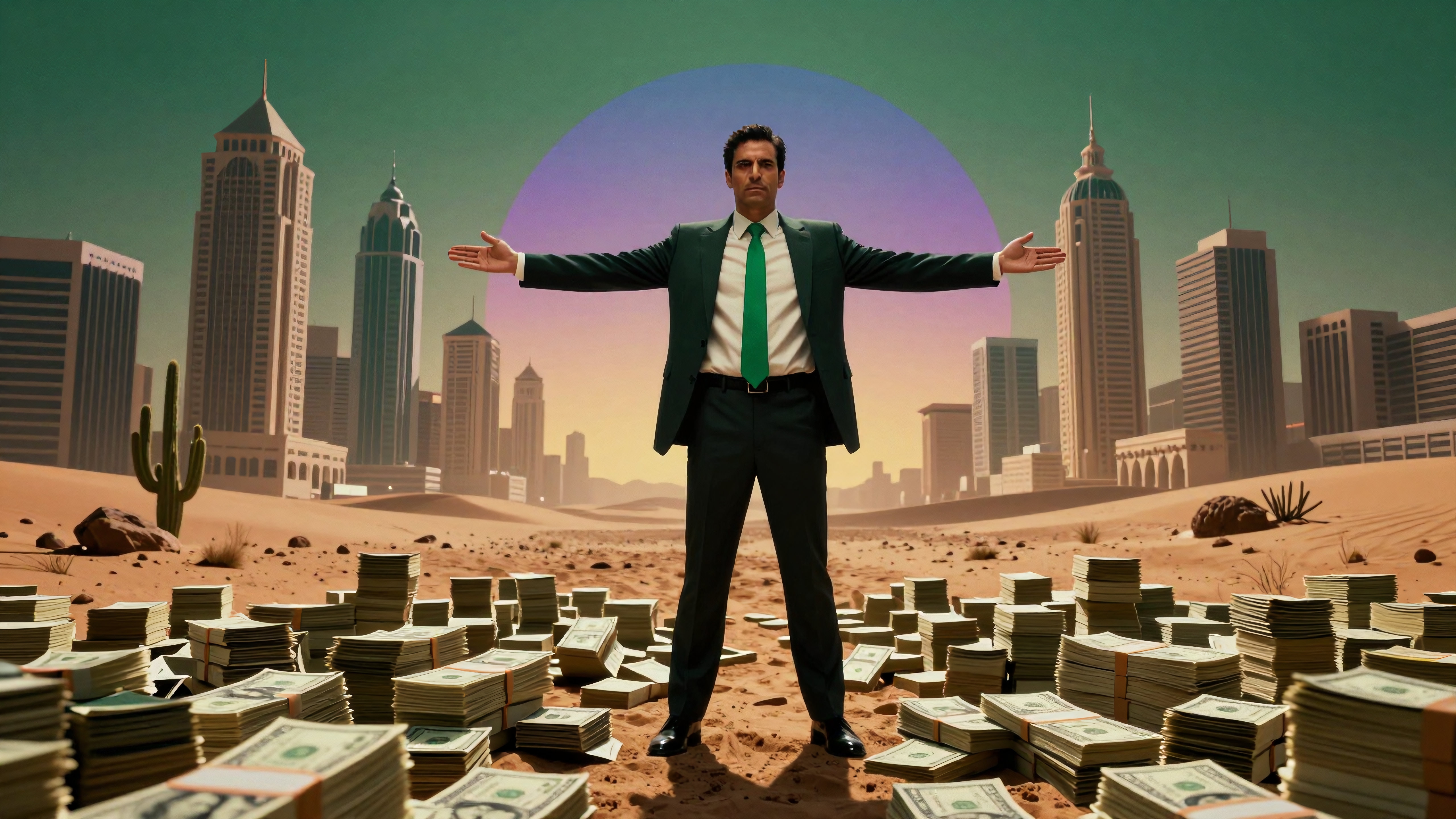 Confident man stands amid money stacks in desert cityscape.