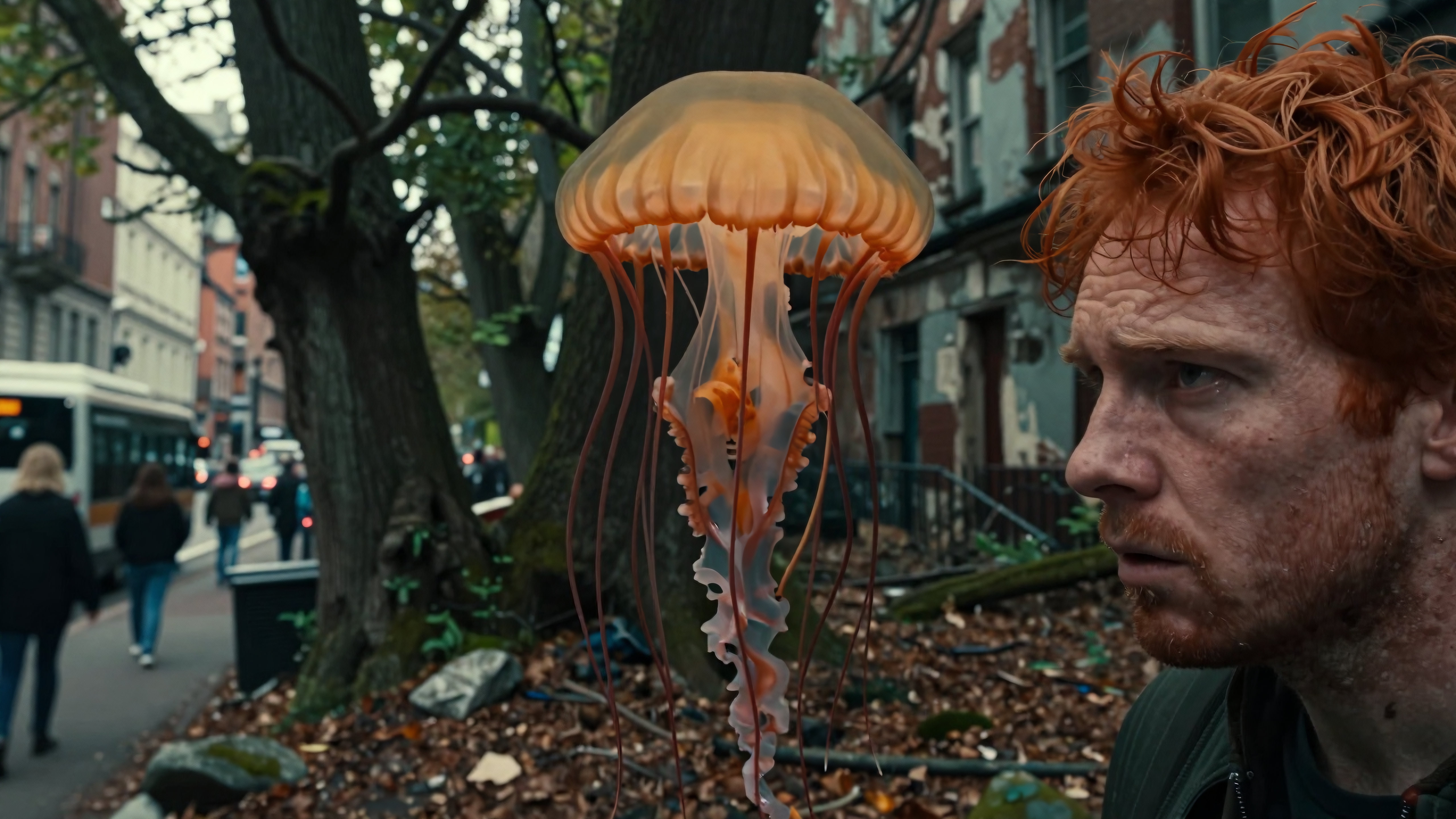 Surreal street scene with floating jellyfish.