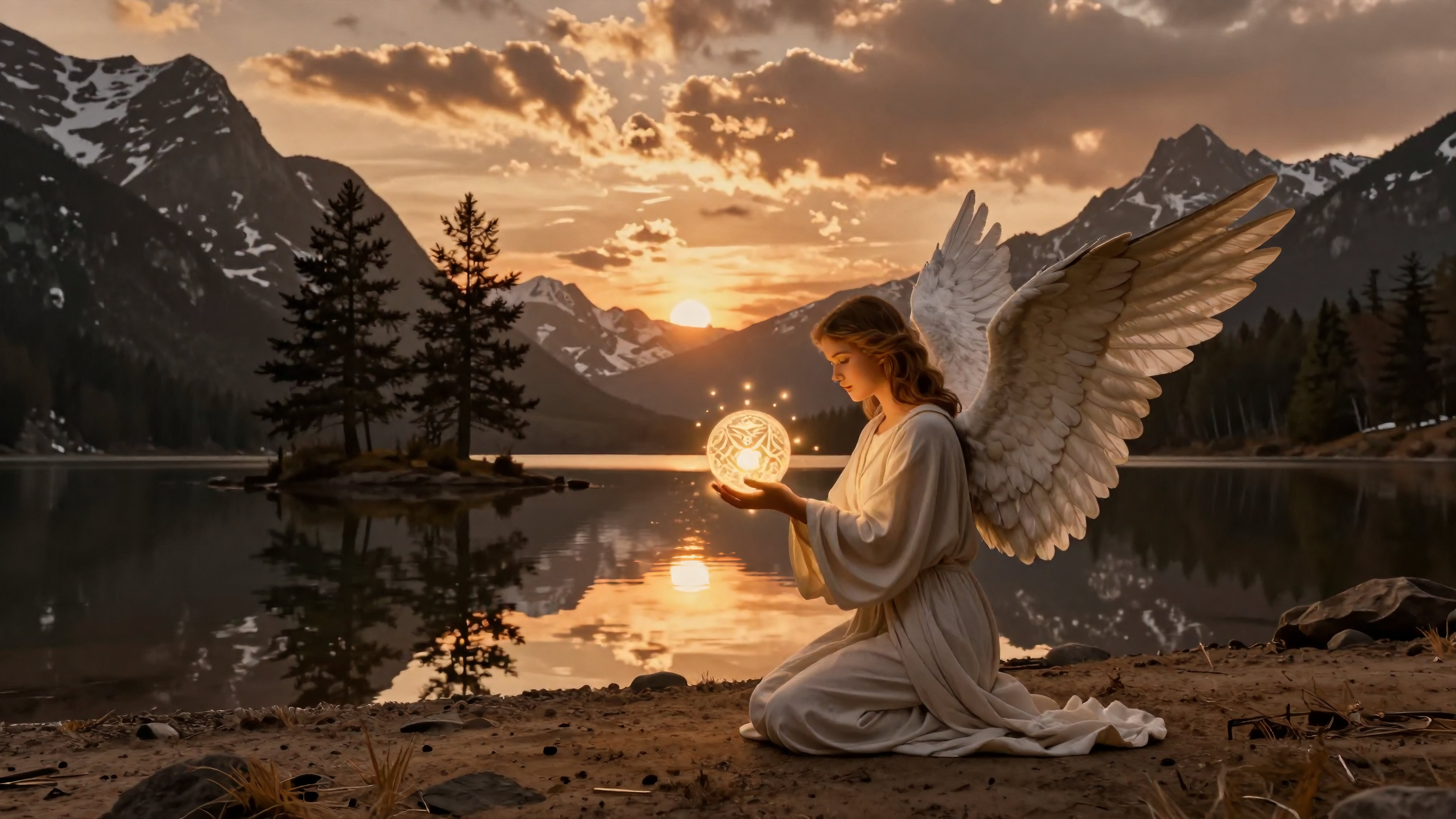 Serene angel kneeling by lake holding glowing orb at golden sunset over snowy mountains