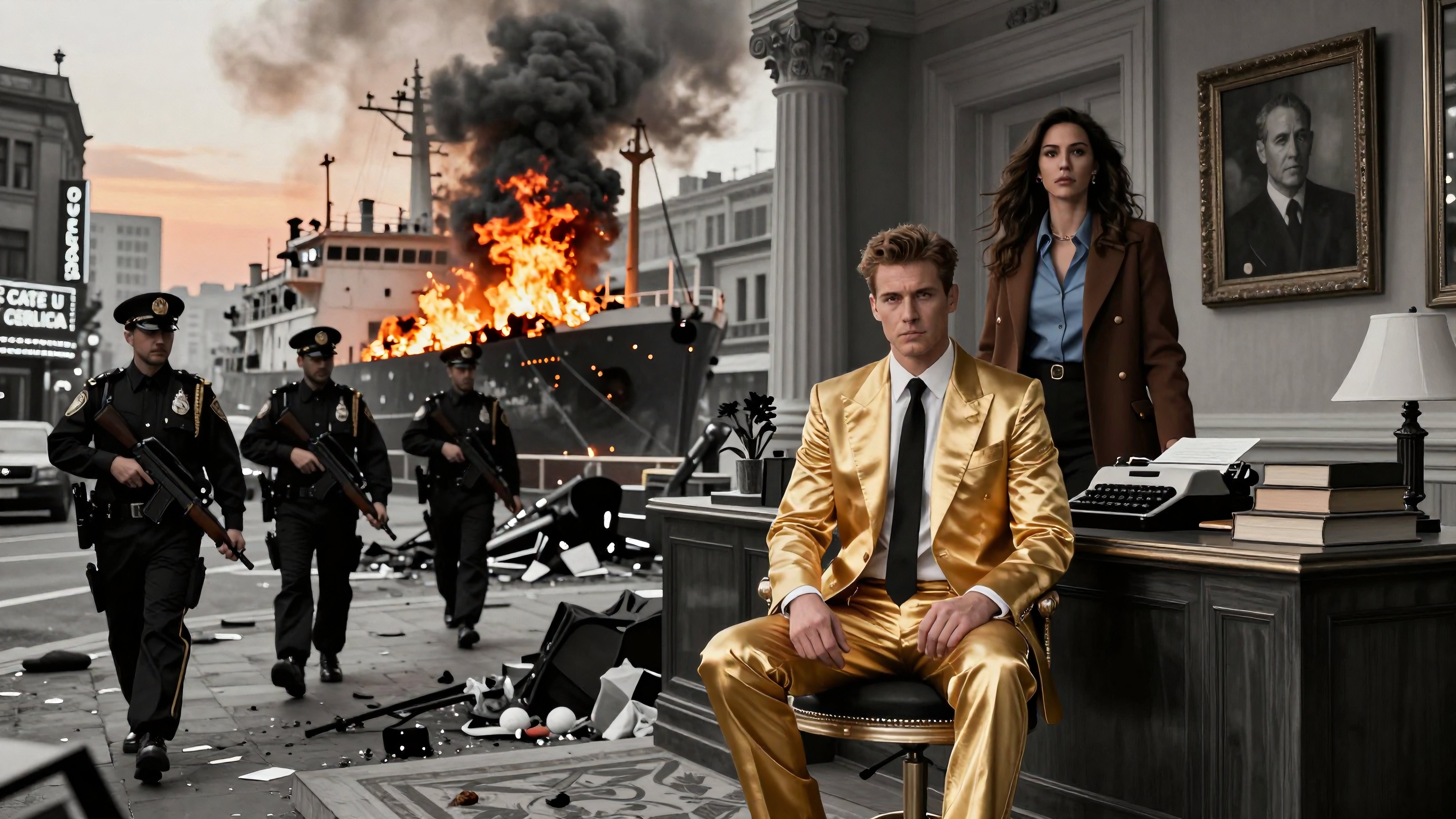 A man in a gold suit sits confidently as a burning ship and marching police officers create a dramatic backdrop.