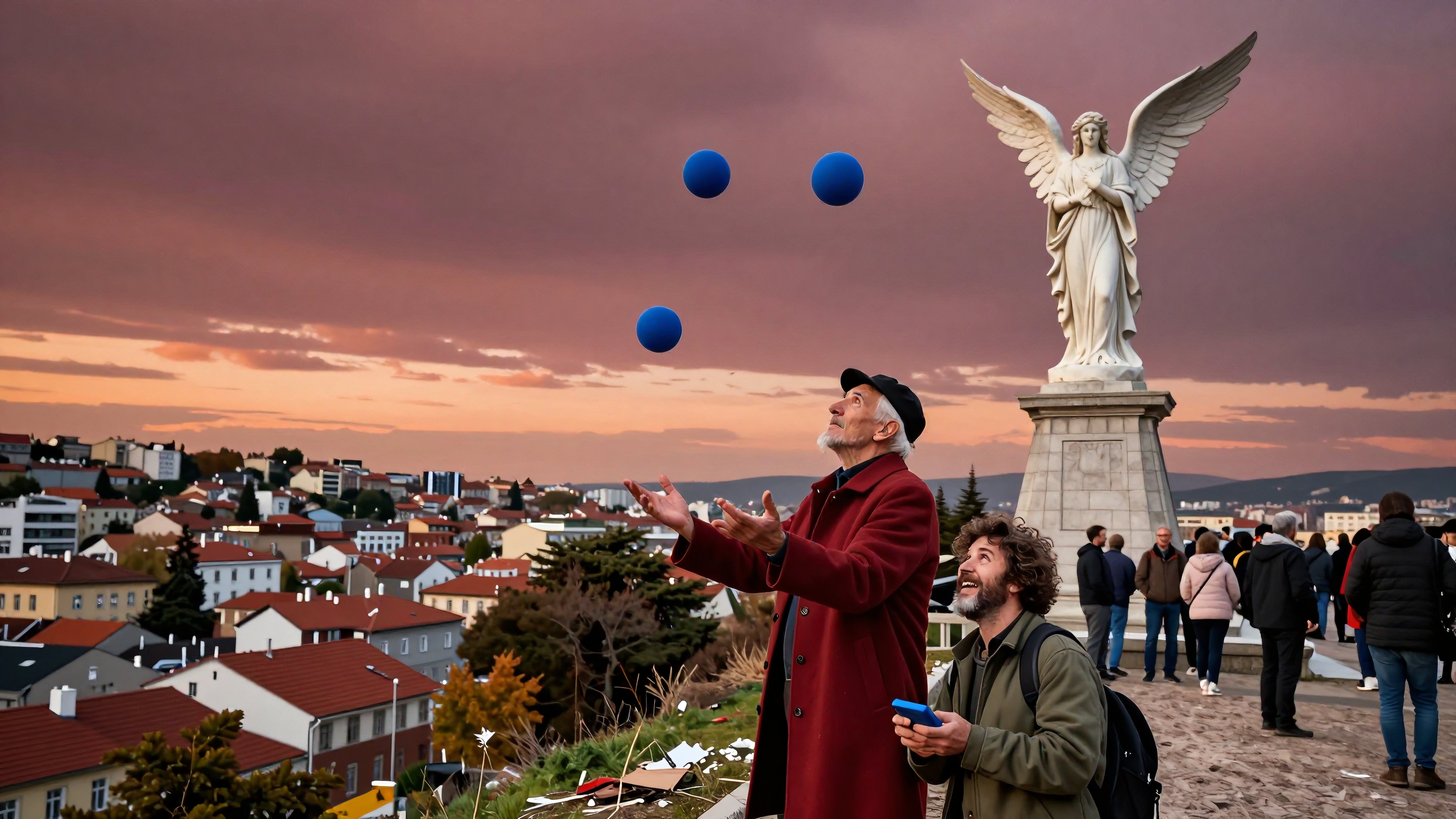 A man in a red coat juggles blue balls beside a statue of an angel against a sunset cityscape, with a captivated audience.