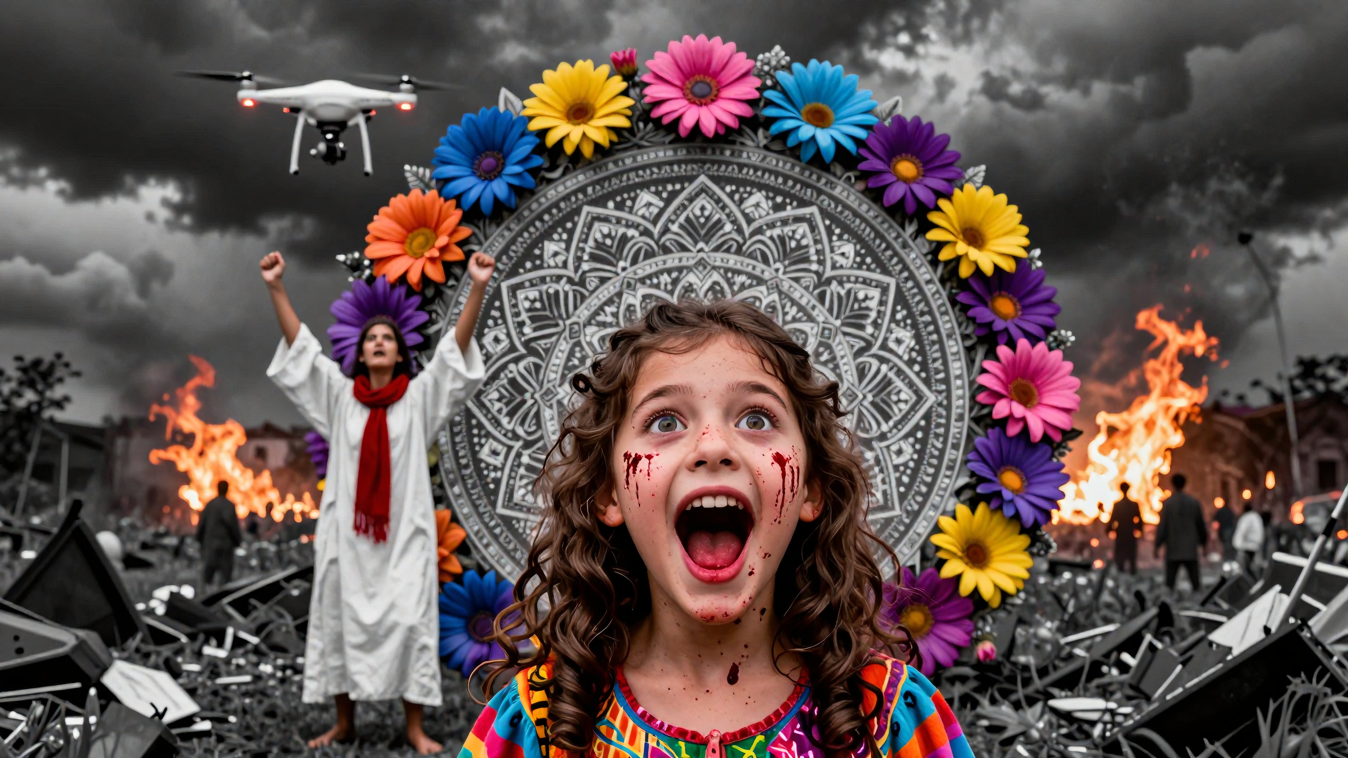 A screaming girl stands amid chaos, colorful flowers, and a burning backdrop.