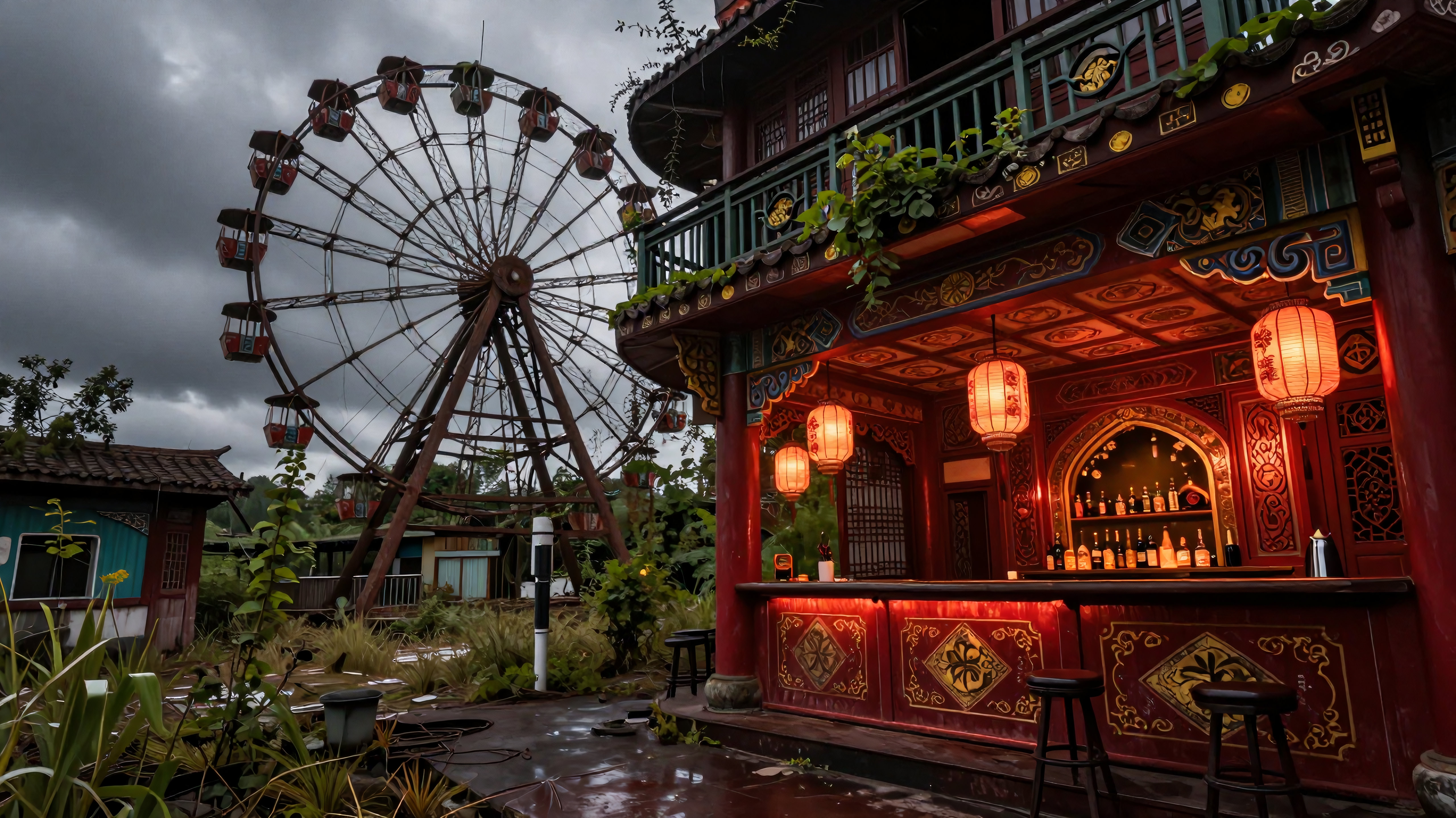 Image of an abandoned amusement park with a Ferris wheel and a traditionally styled Asian bar with glowing lanterns.