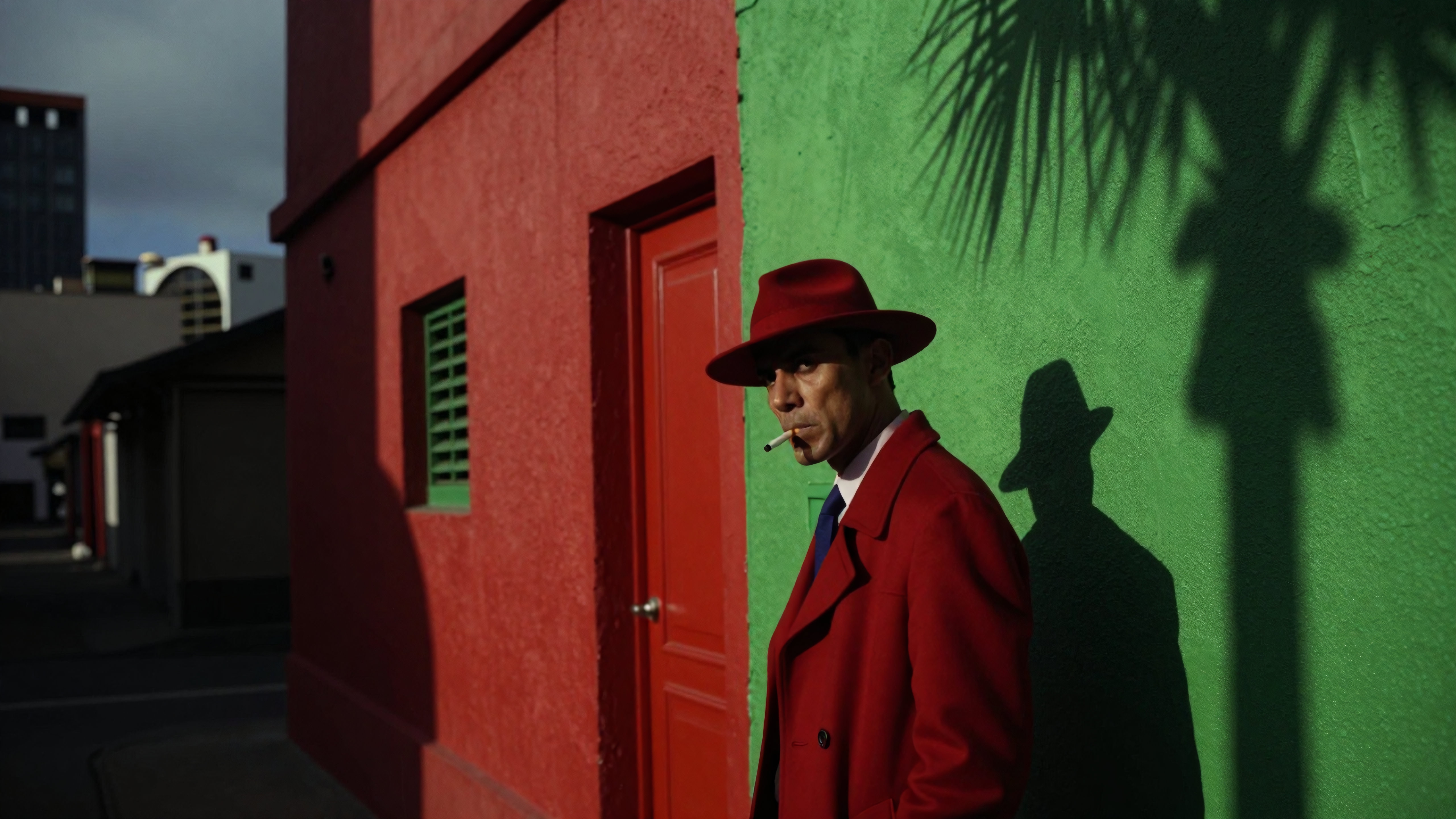 A man in a red coat and hat poses beside a red door and green wall, casting a dramatic shadow in the sunlight.