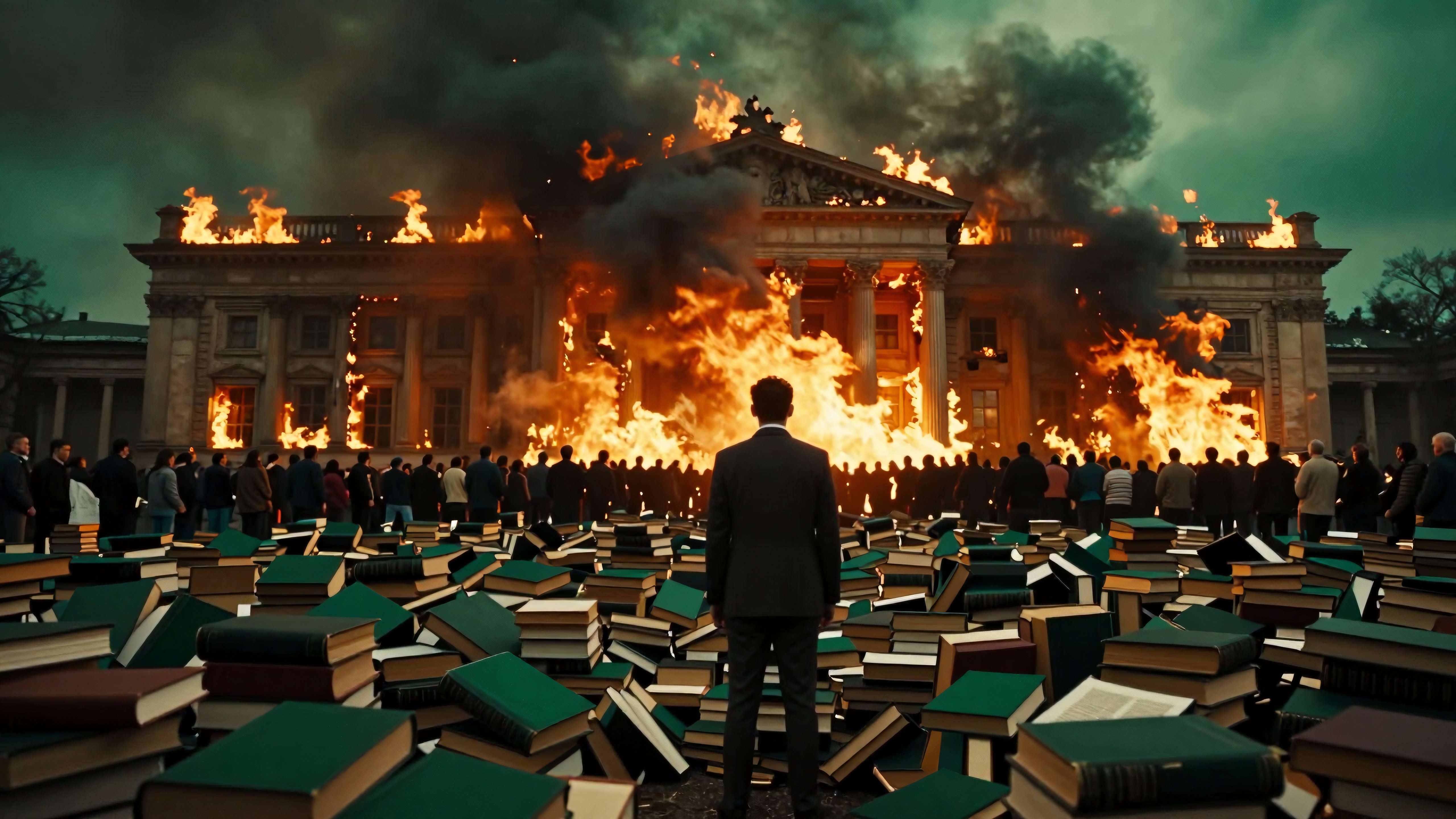 A crowd watches a grand building engulfed in flames with stacks of books in the foreground, symbolizing the destruction of knowledge and culture.
