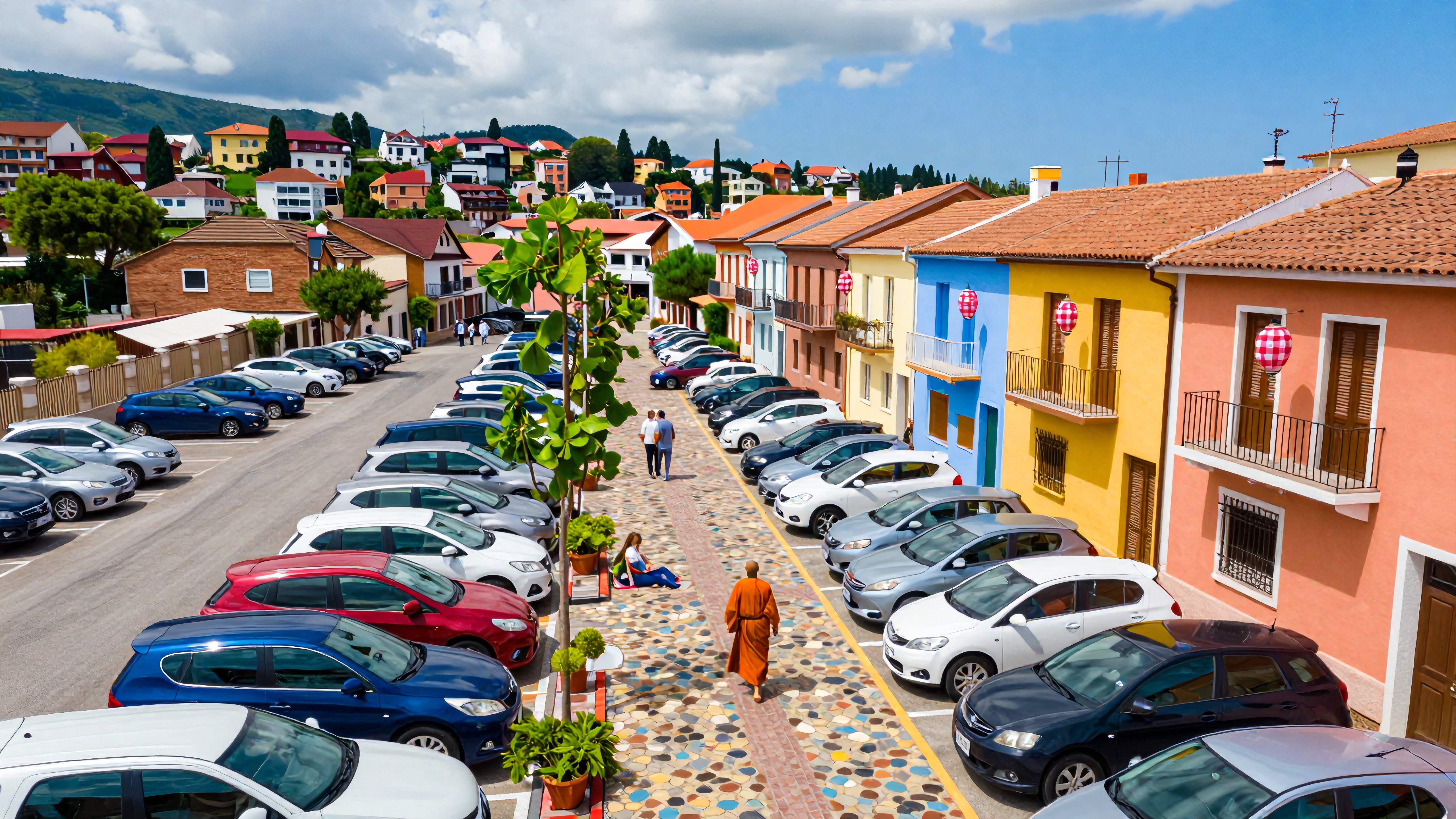 Vibrant street with colorful houses and cars.