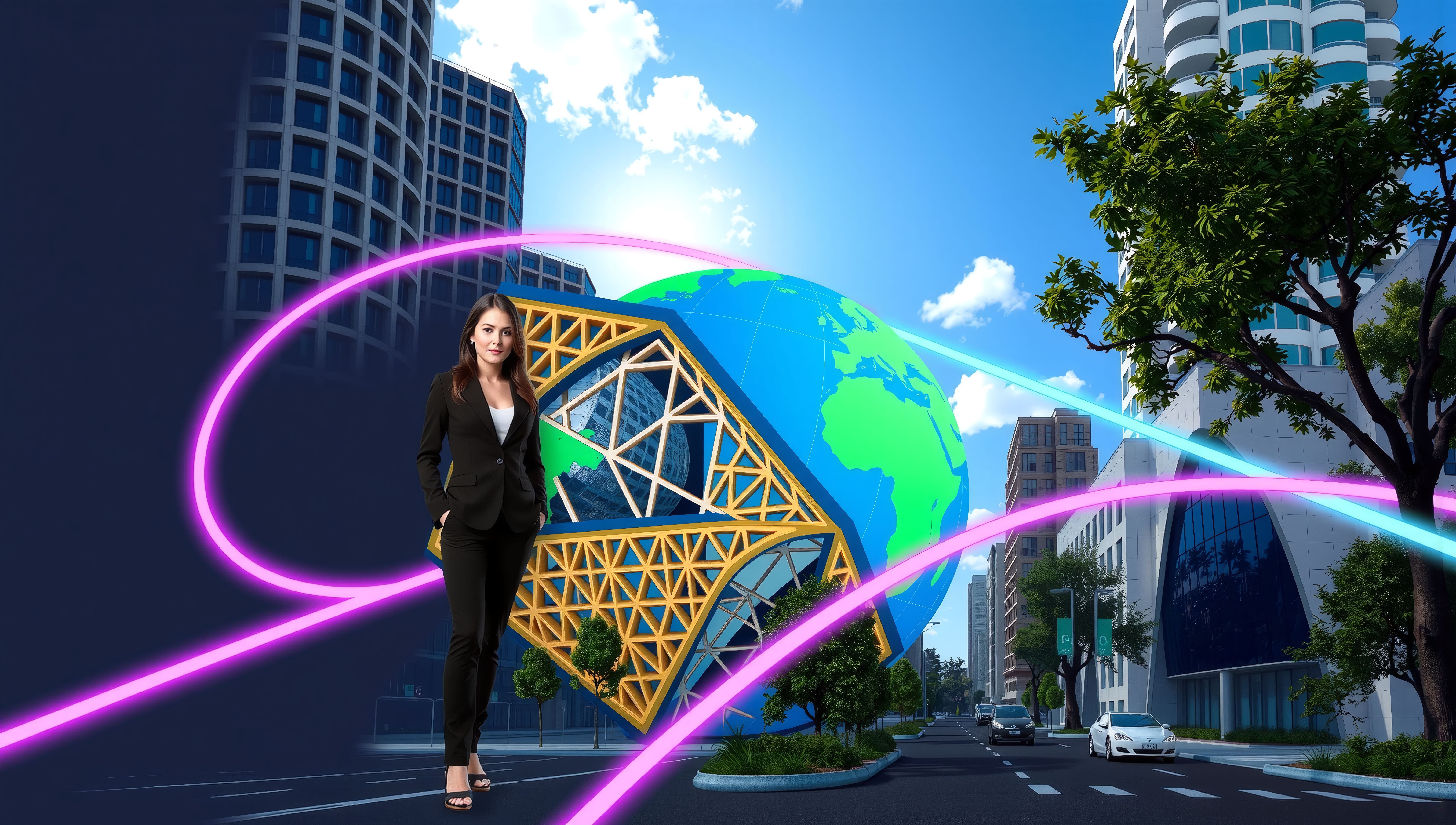 Businesswoman with Global Globe in Modern Urban Cityscape