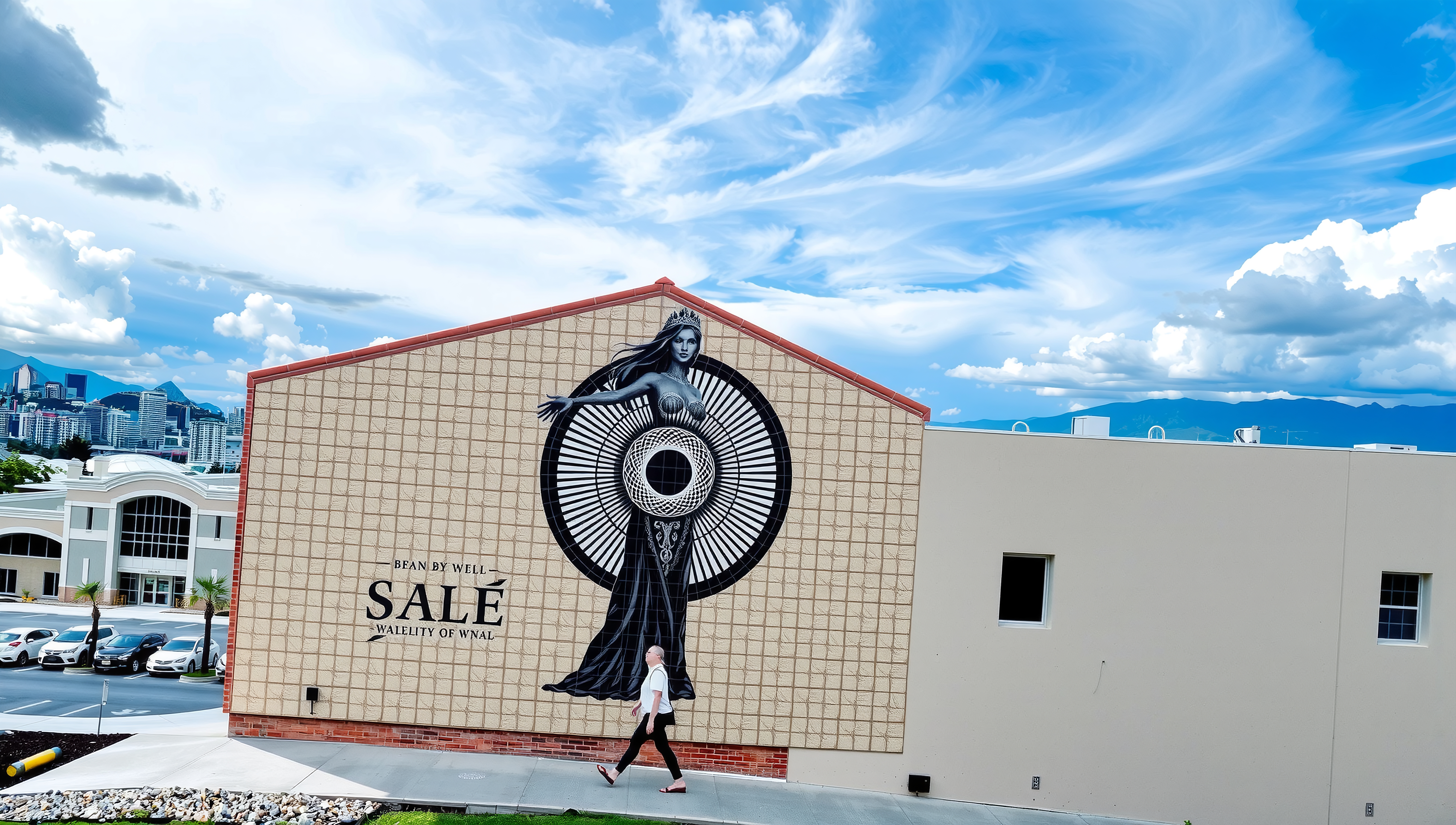 A large mural of a crowned woman on a building wall, under a dramatic cloudy sky, with a cityscape in the background.