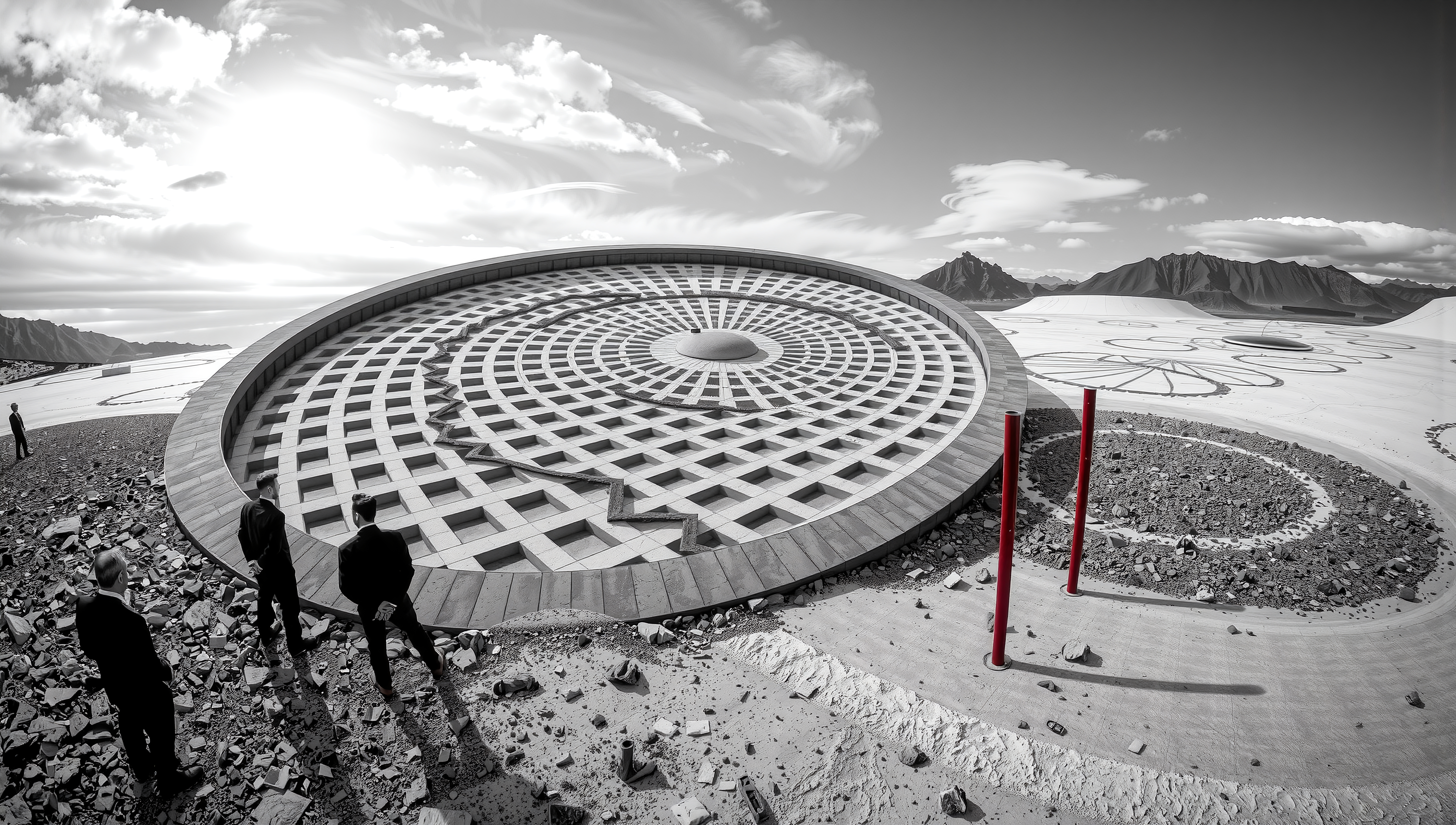 Modern Architectural Study Site with Radial Patterns Under Drama