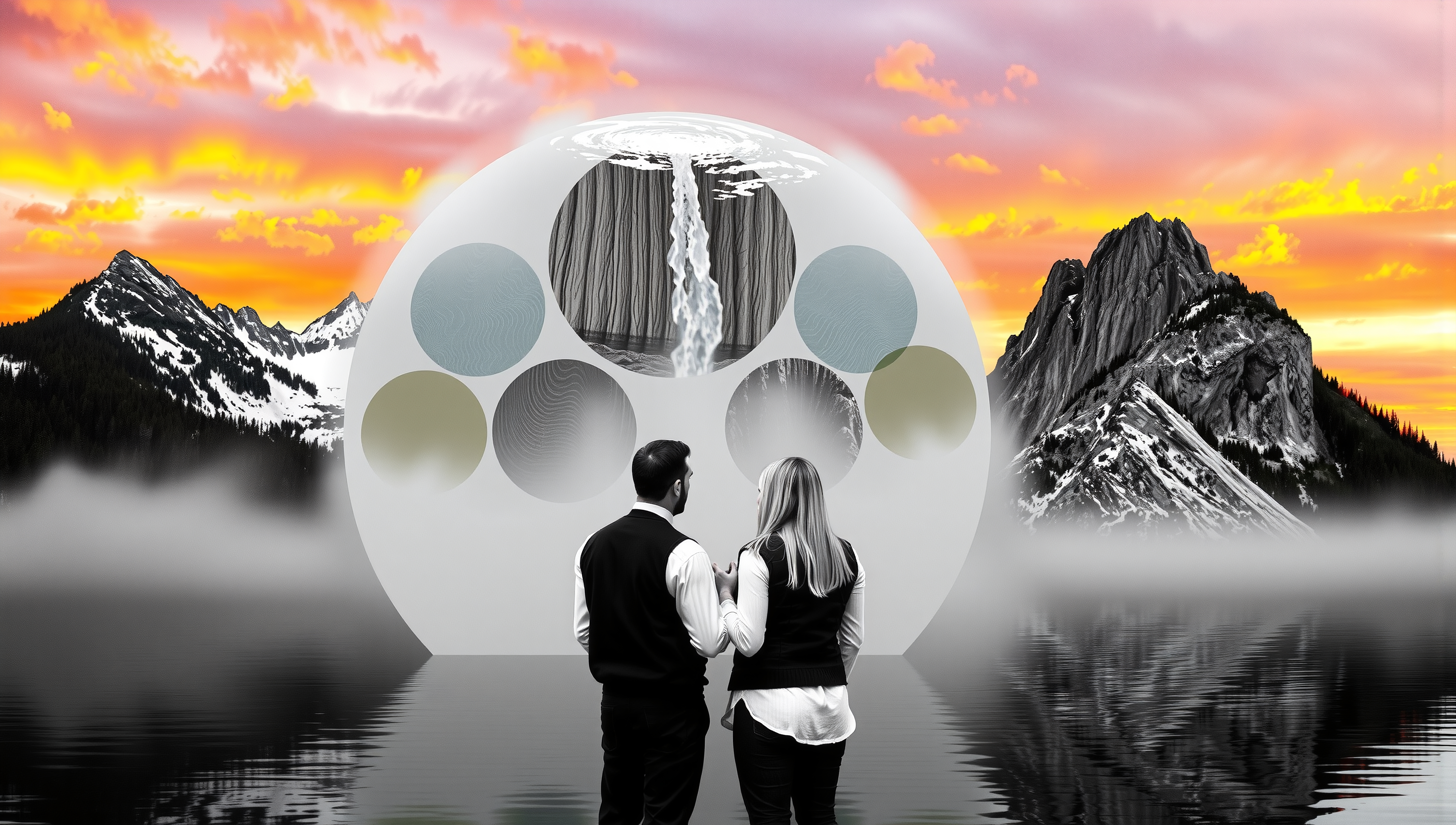 A couple admires a surreal mountain landscape with celestial structure at sunset.