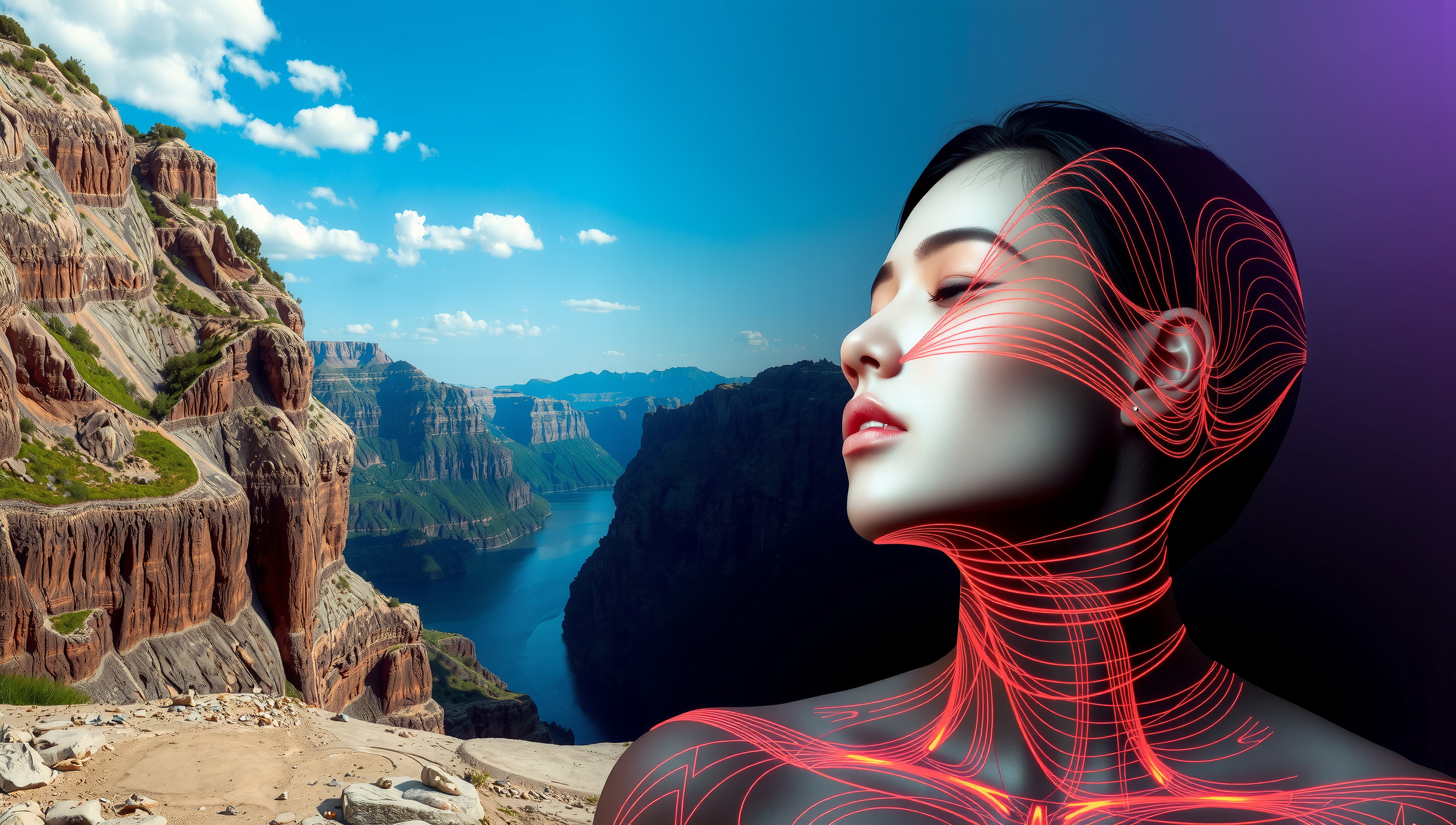 Woman with glowing neural network overlooking scenic canyon landscape