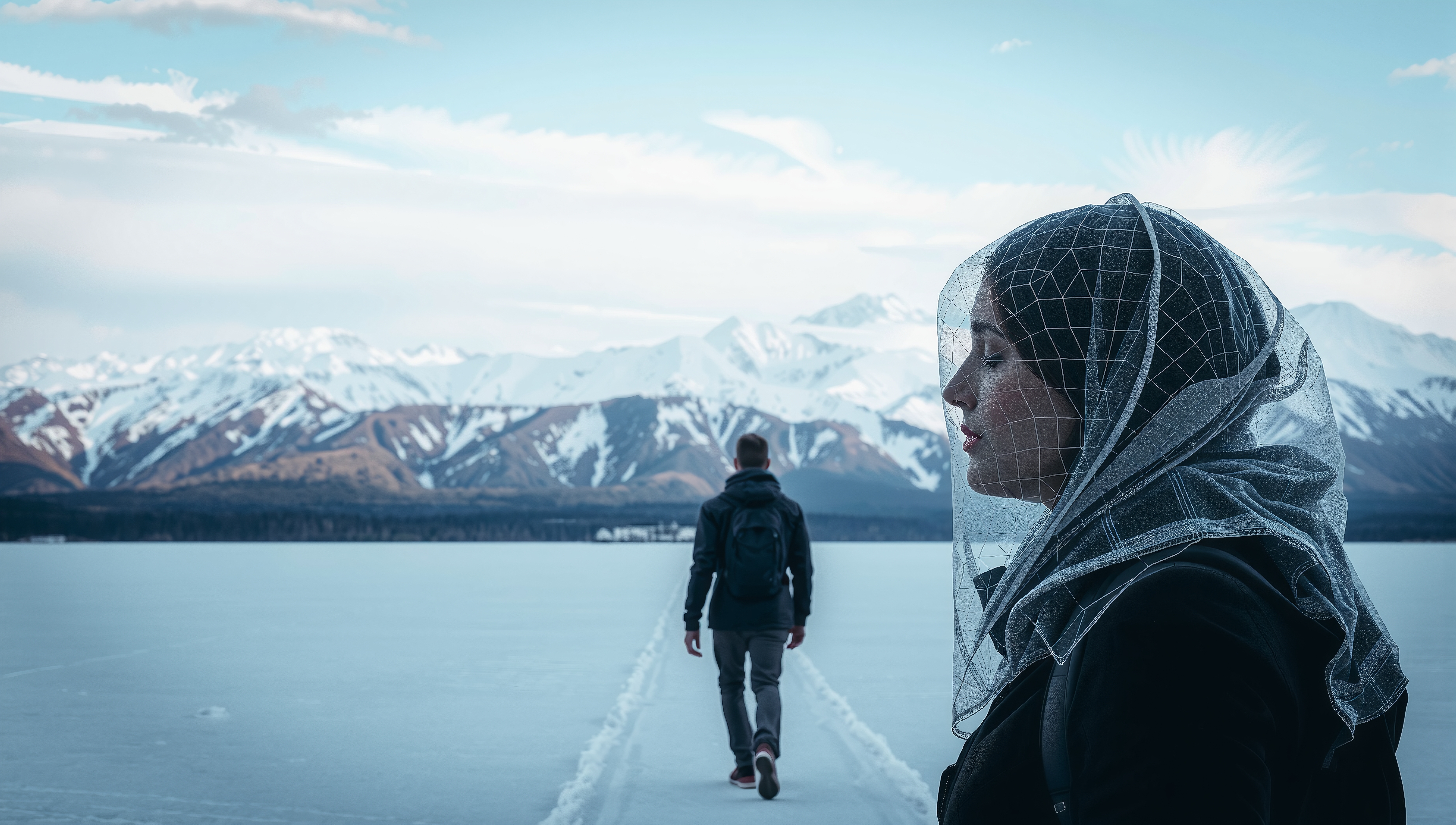 A woman with a veil stands by a snowy mountain path, with a person walking towards a mountain range in the background.