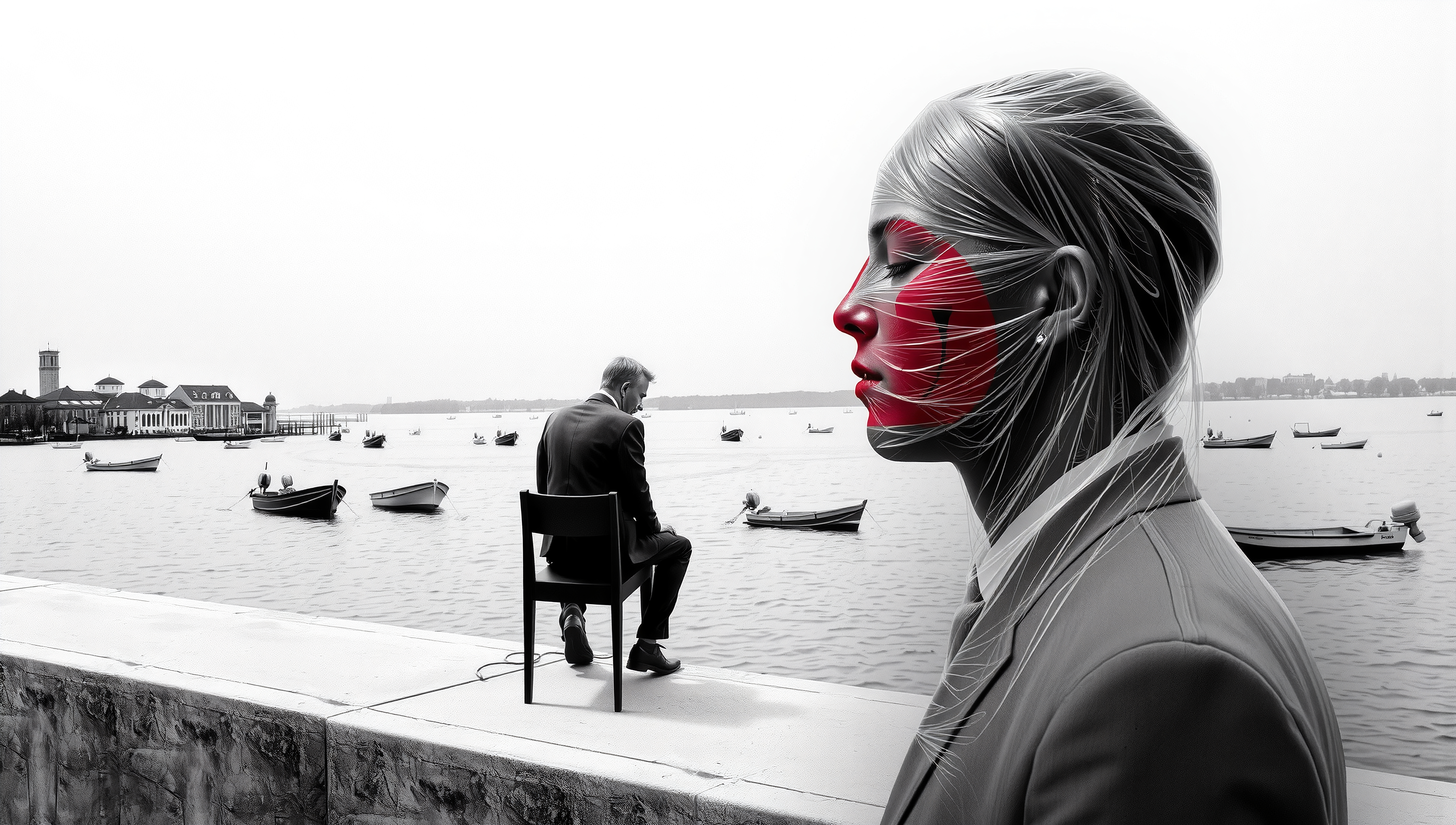 Man seated by water, woman with red mask by waterfront.