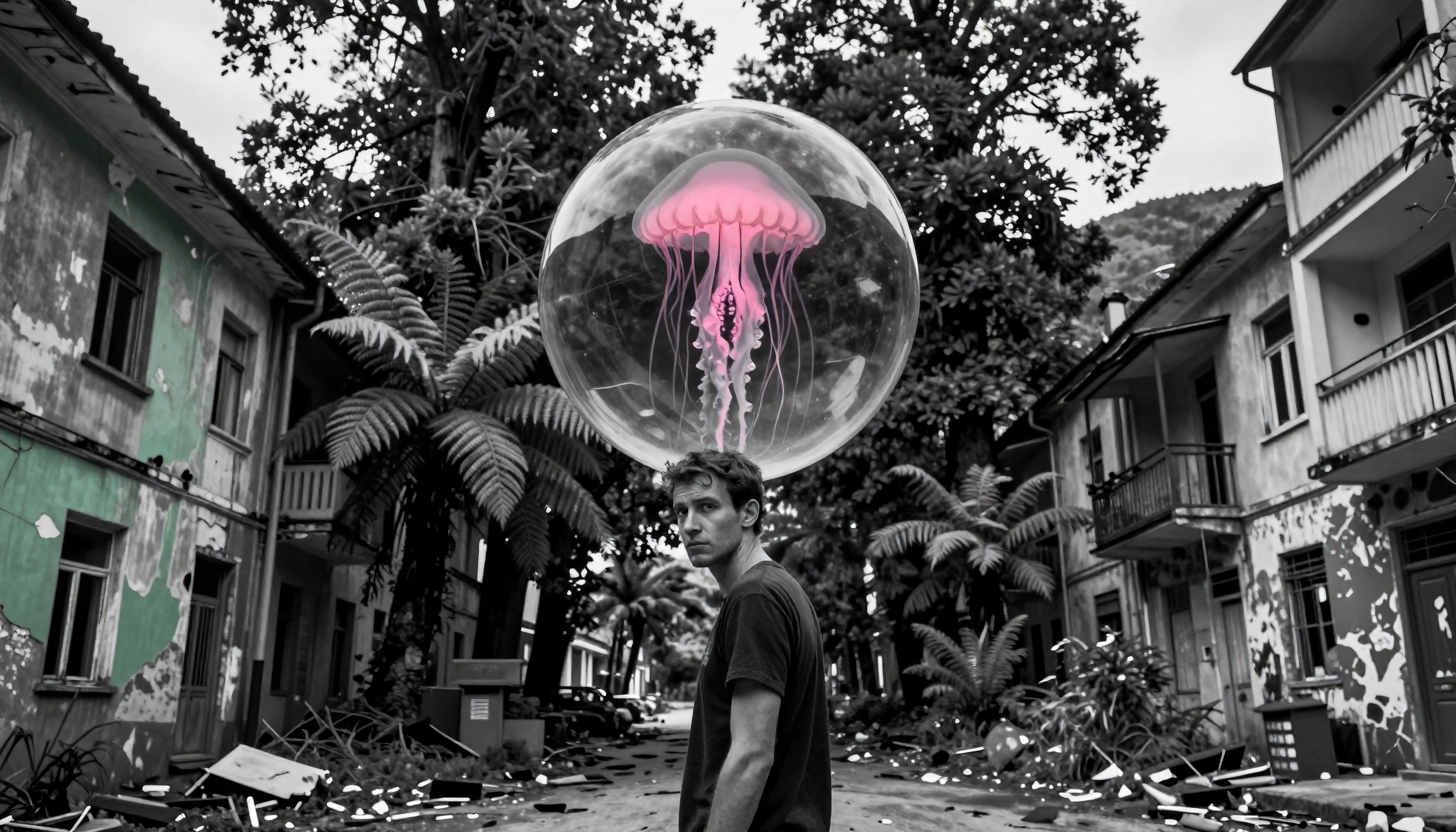 Surreal Man with Giant Jellyfish Balloon in Abandoned Street