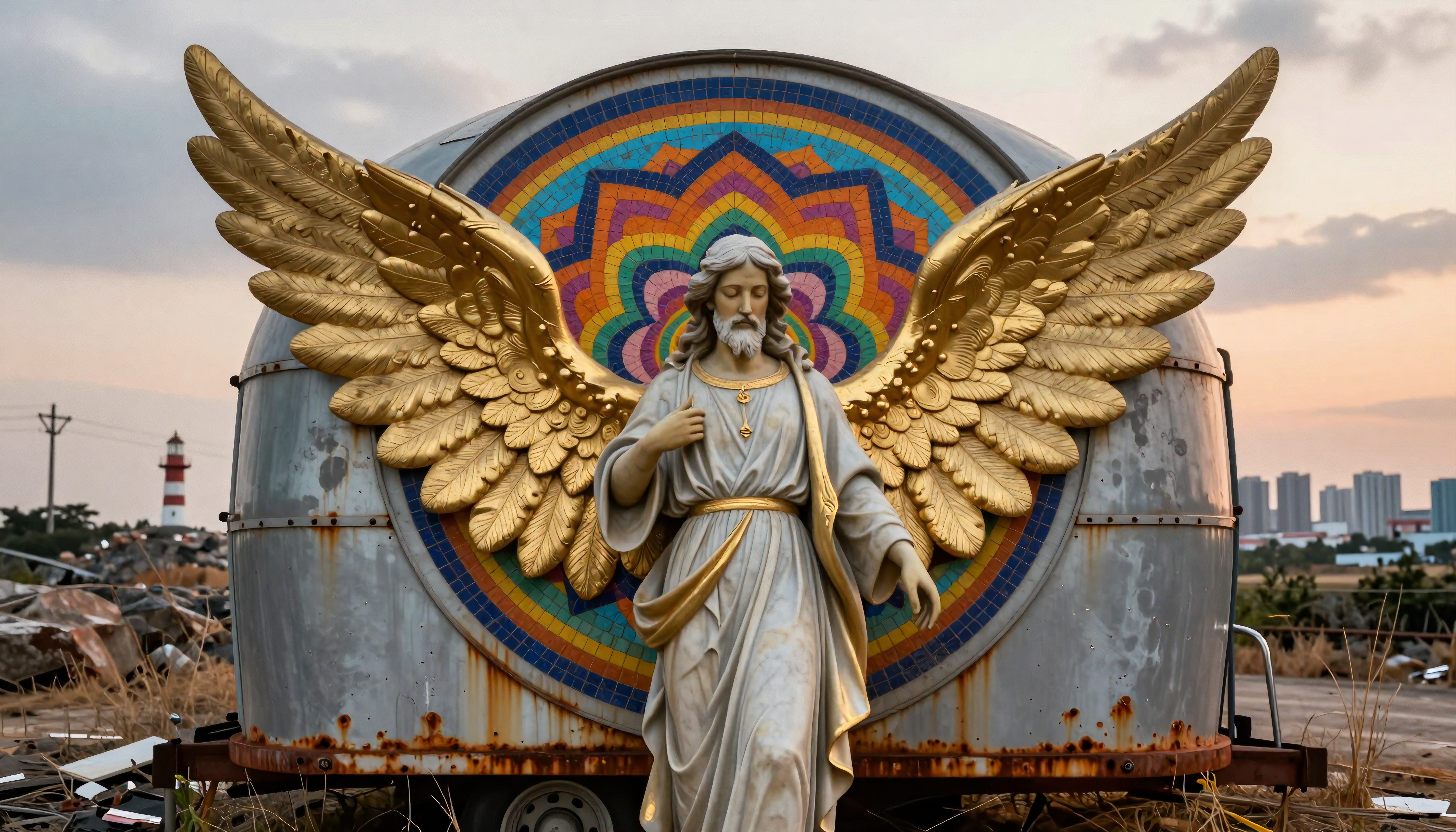 Golden-winged angel with vibrant halo against city skyline.