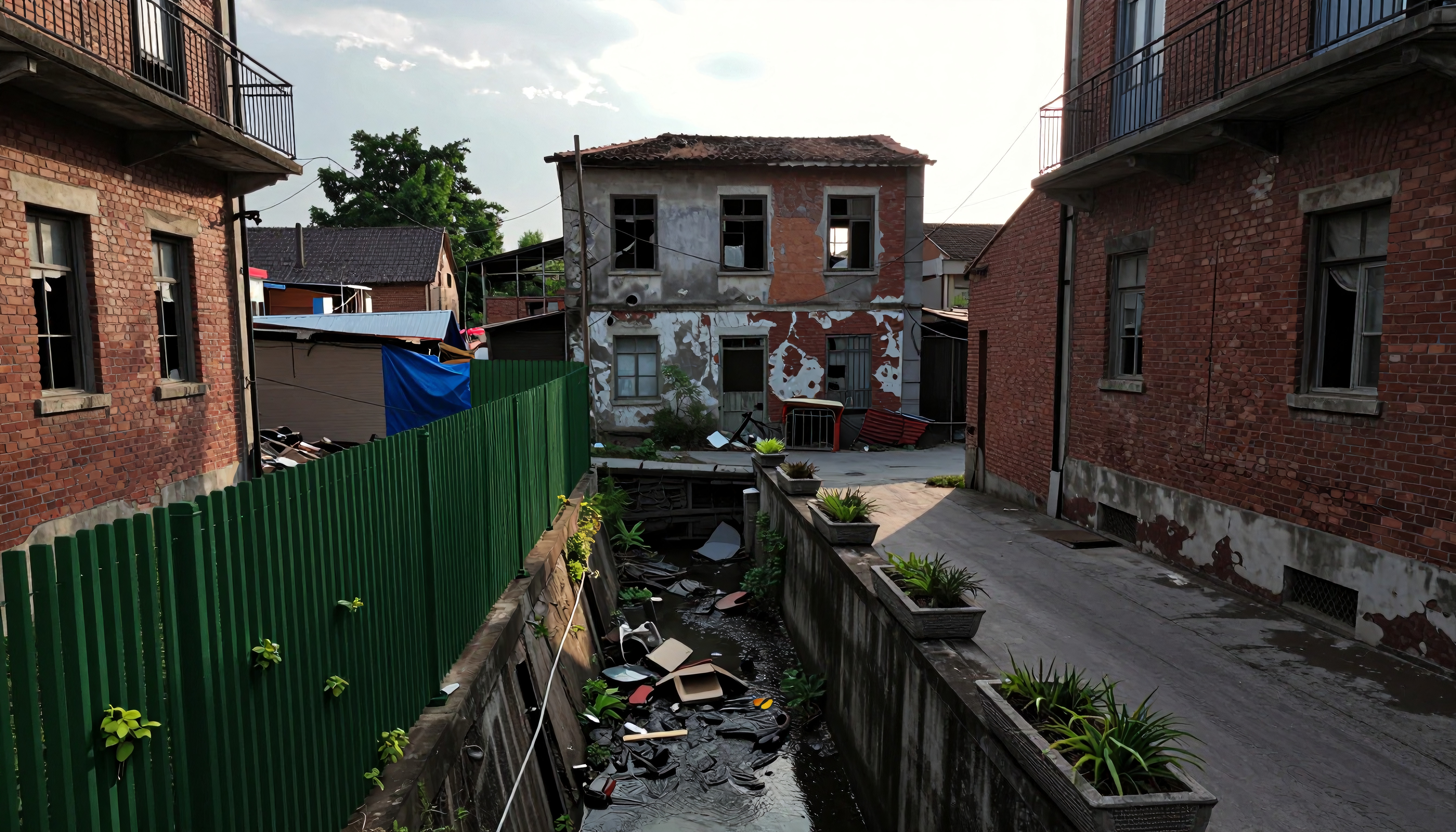 A decaying urban alley with debris-filled canal and brick buildings at sunset.
