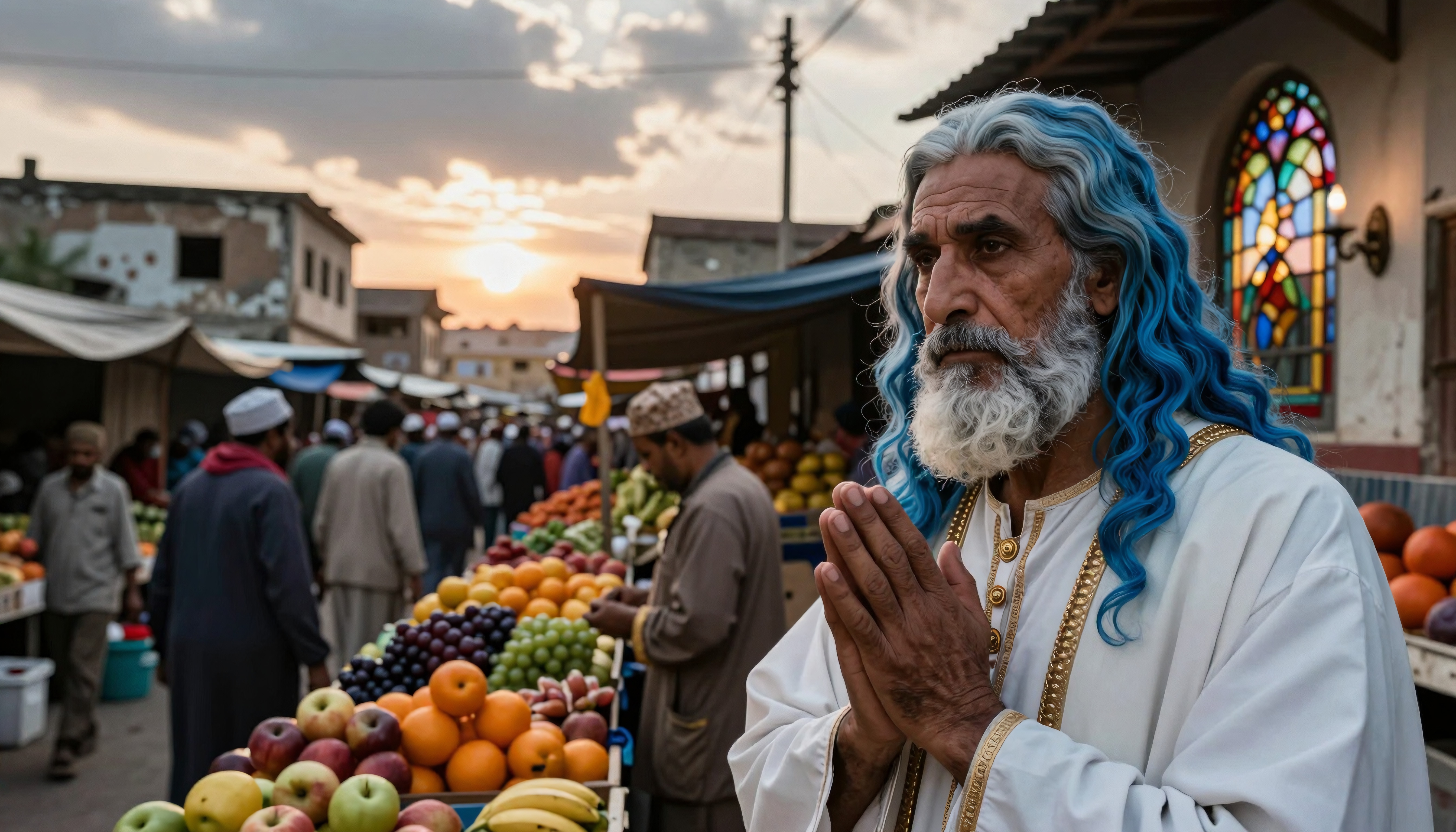 Elderly man with blue hair prays in a vibrant market at sunset.