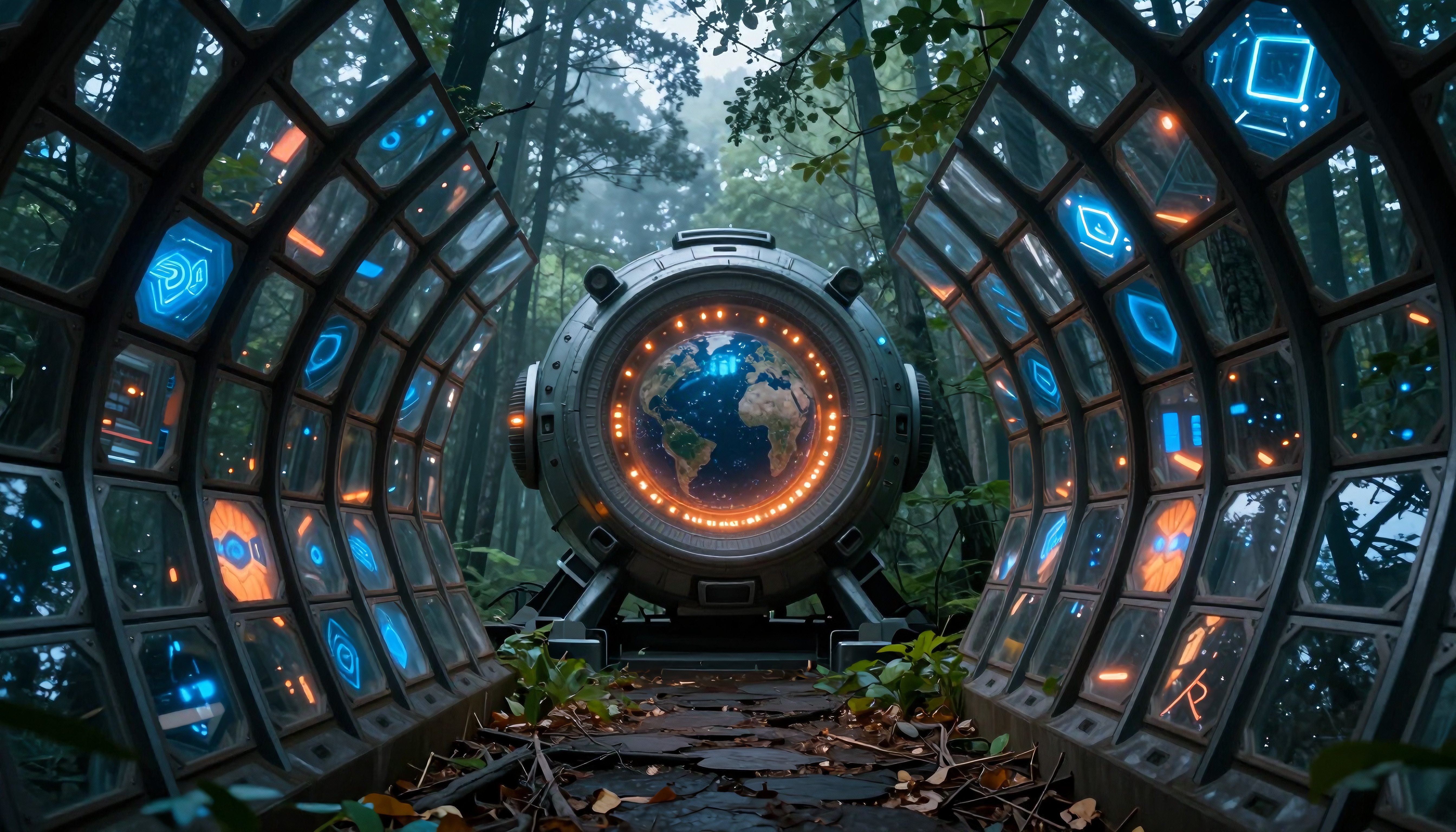 Futuristic portal device in forest setting.