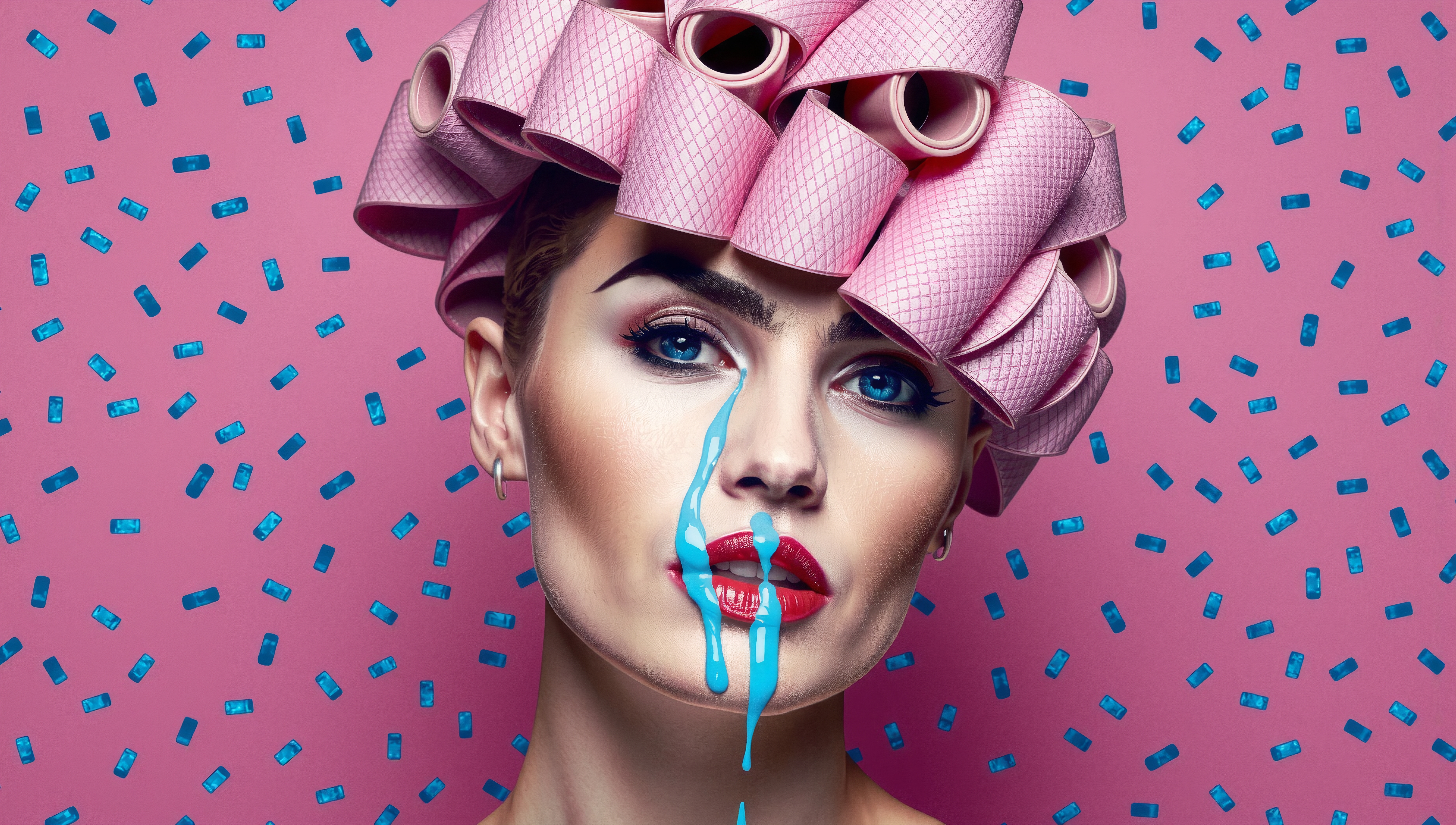 Woman with pink rollers and blue liquid art.