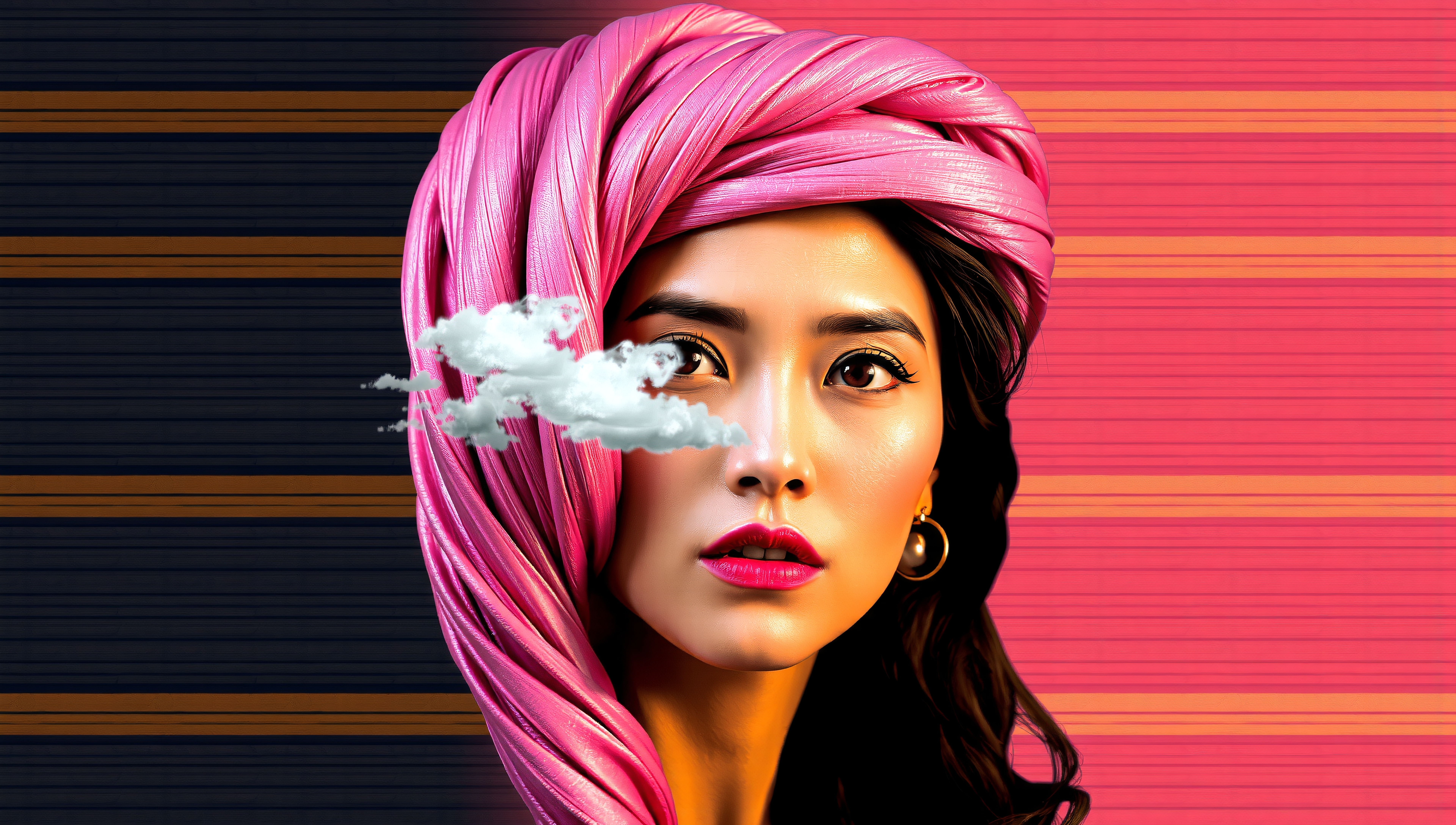 A woman with a pink turban and cloud in a surreal portrait.