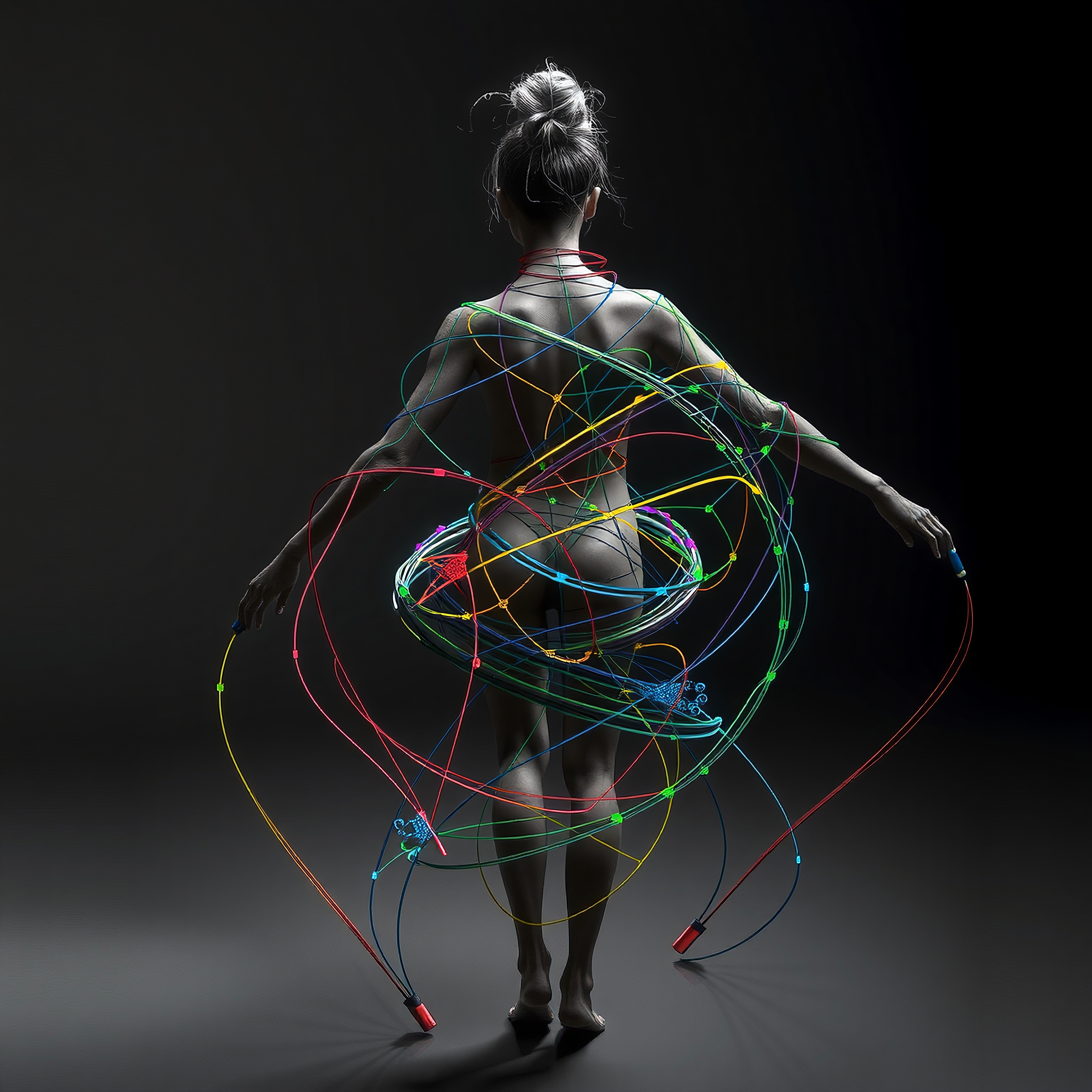 A woman wrapped in colorful wires stands on a dark background, creating a vibrant contrast and highlighting modern art and technology.