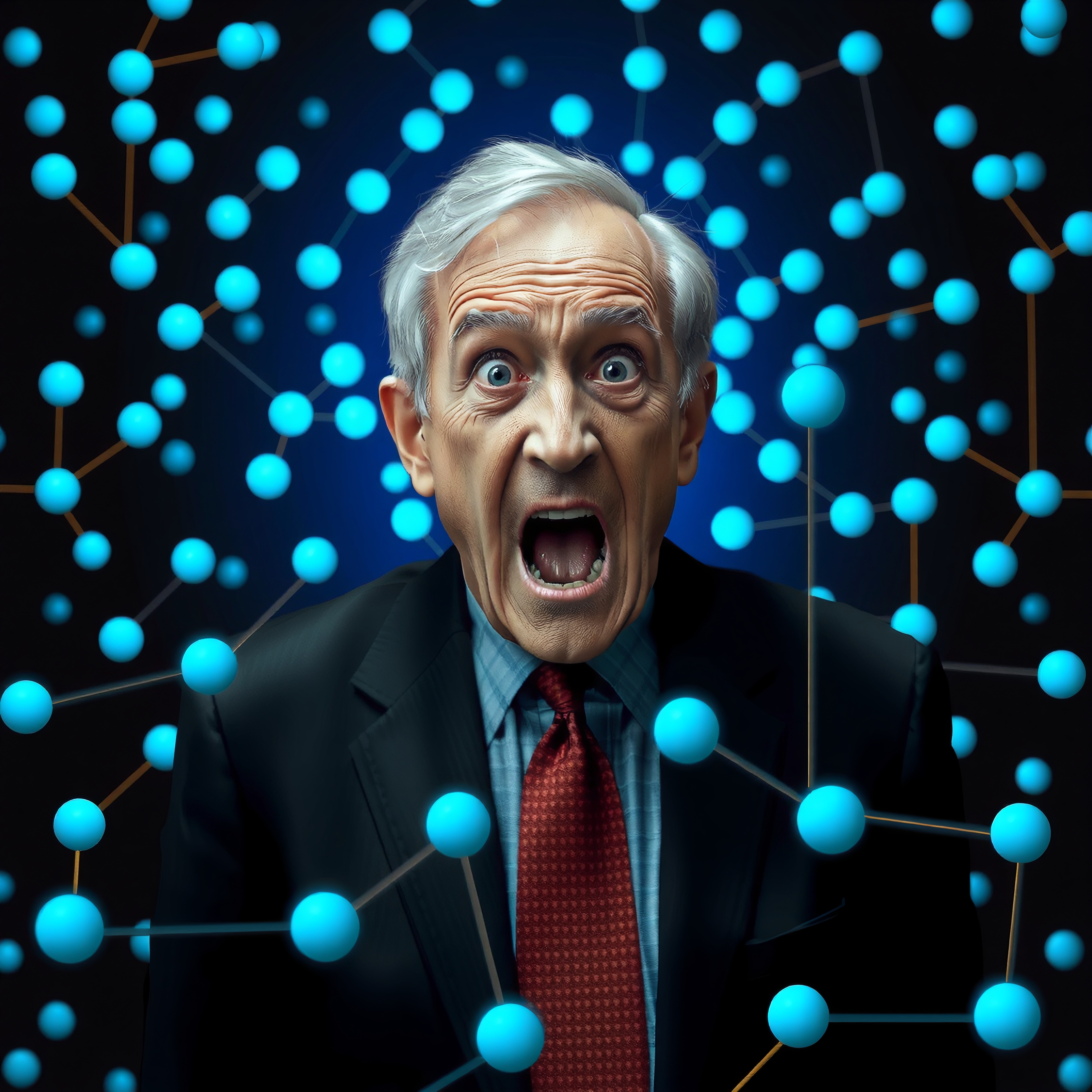 Elderly Man Amid Digital Network