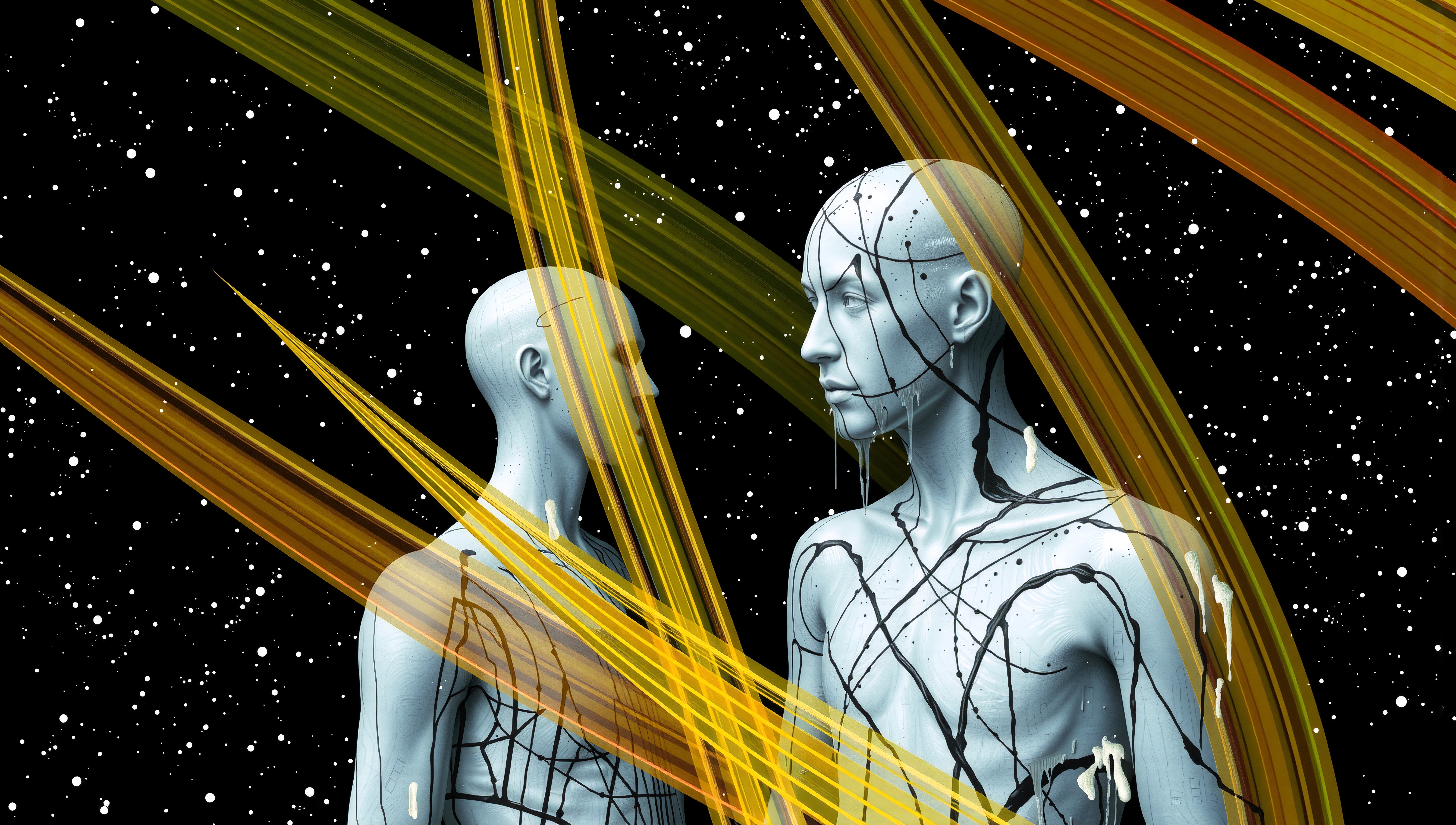 Futuristic humanoid figures with digital patterns in space.